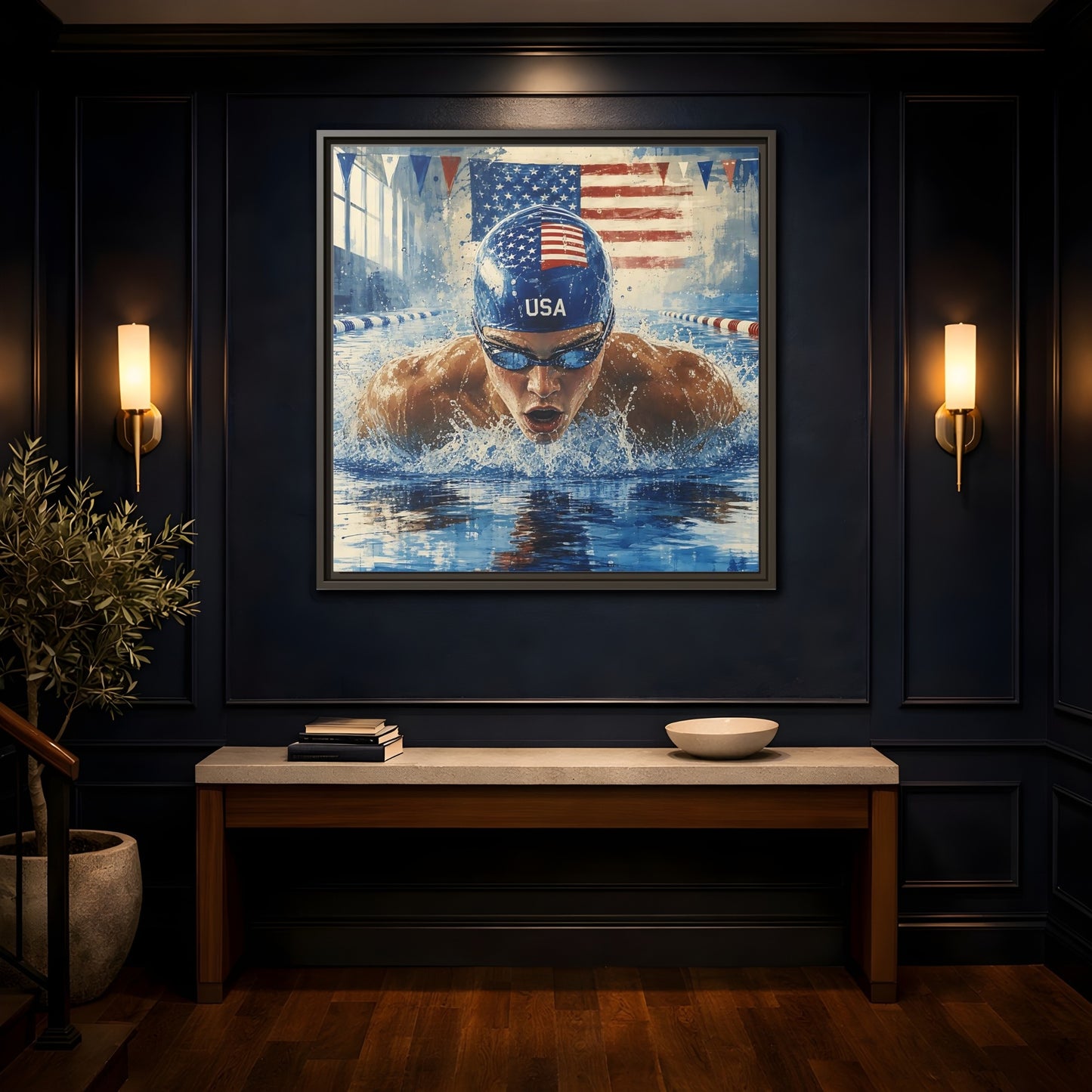Mockup 4. Sports Swimmer Red White Blue shown as framed canvas print