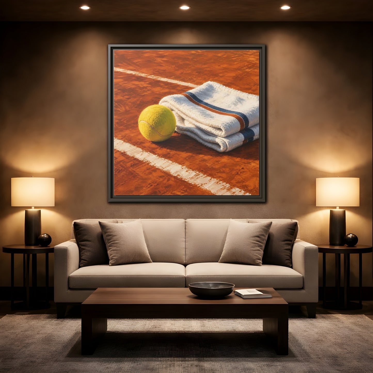 Mockup 2. Sports Tennis Ball Orange And Green shown as framed canvas print