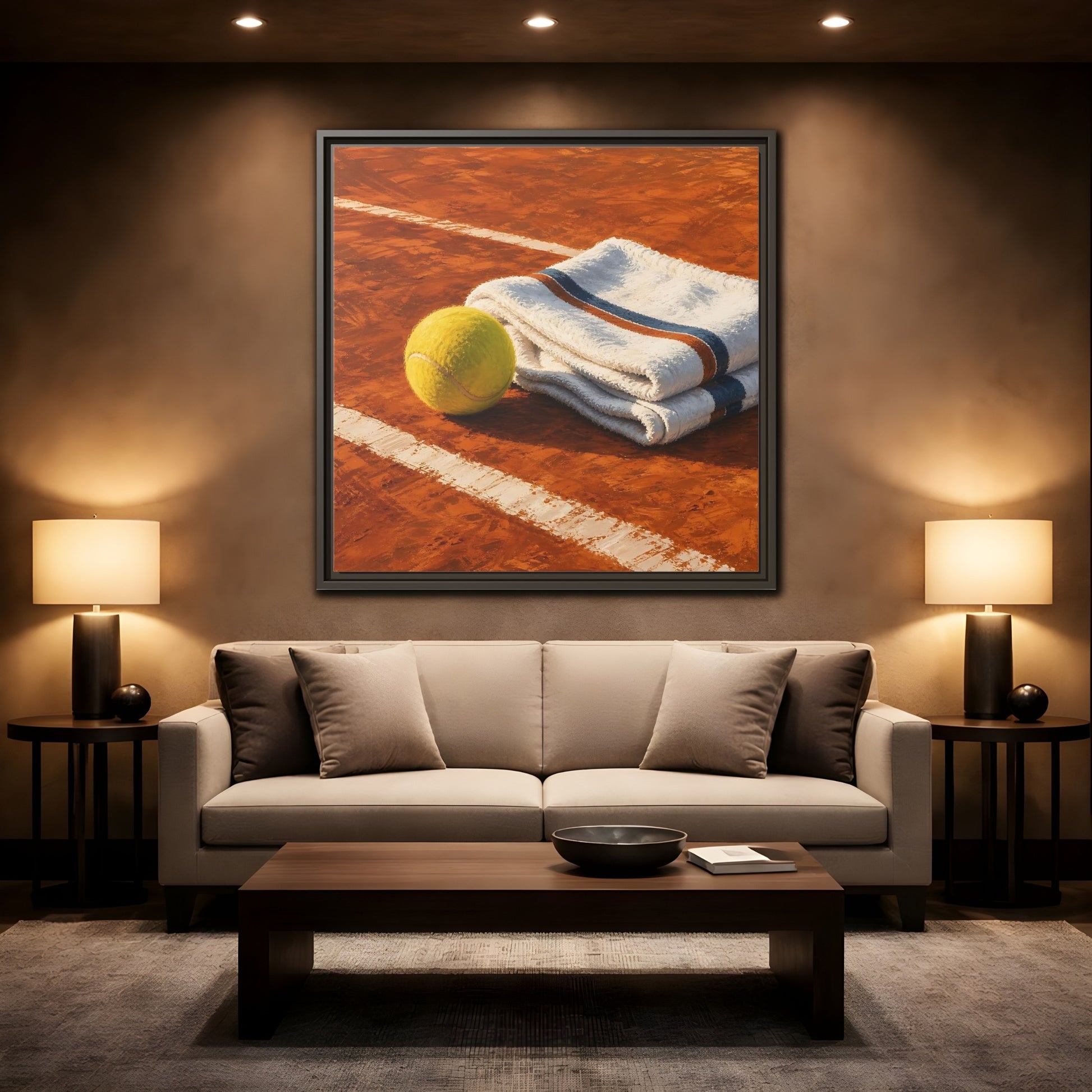 Mockup 2. Sports Tennis Ball Orange And Green shown as framed canvas print