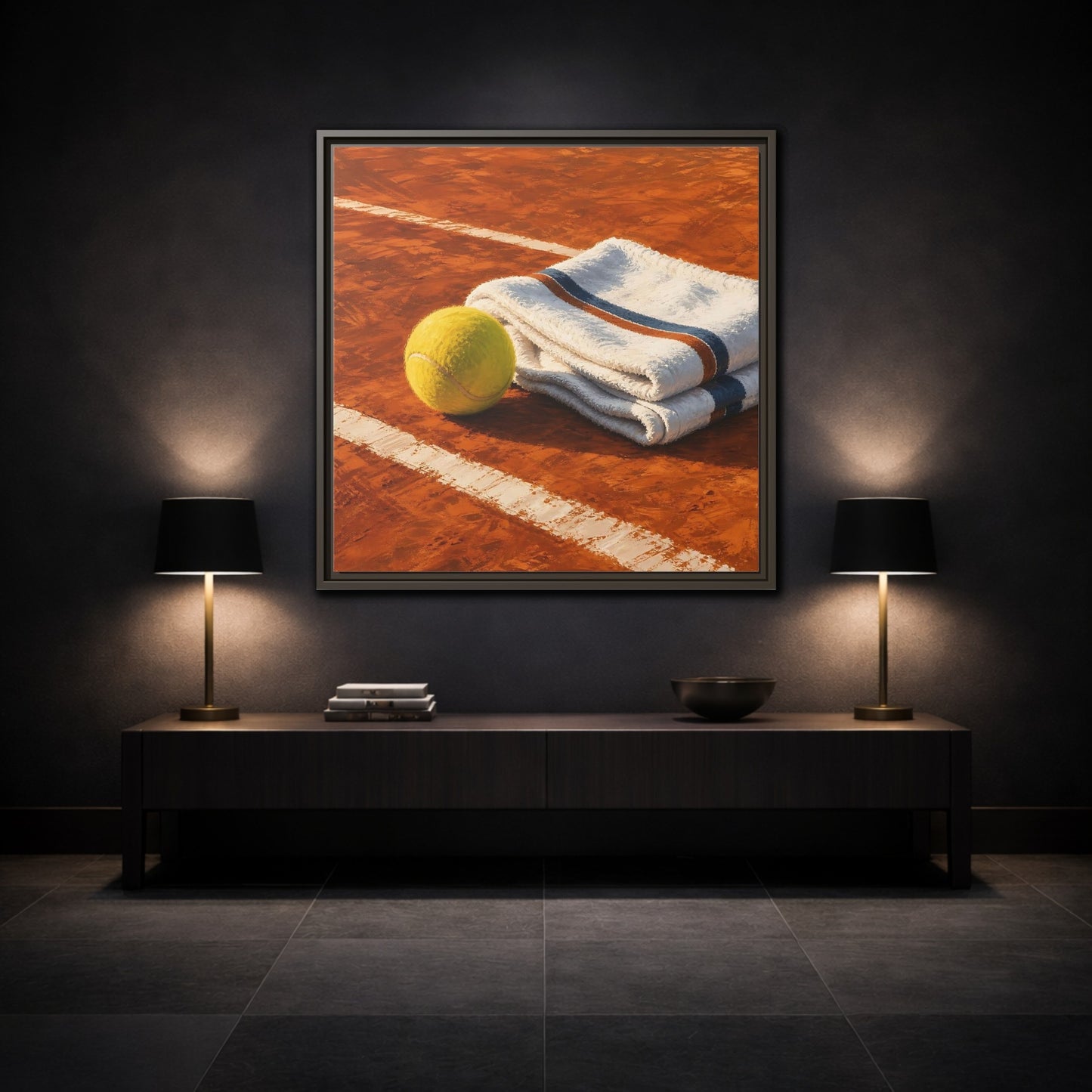 Mockup 3. Sports Tennis Ball Orange And Green shown as framed canvas print