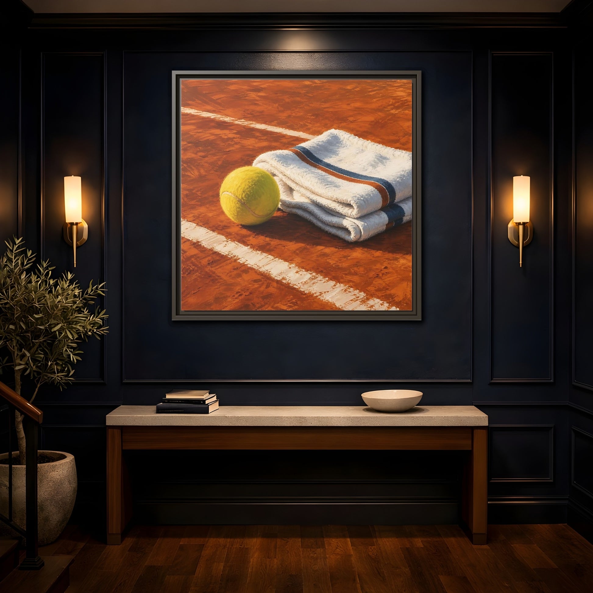 Mockup 4. Sports Tennis Ball Orange And Green shown as framed canvas print