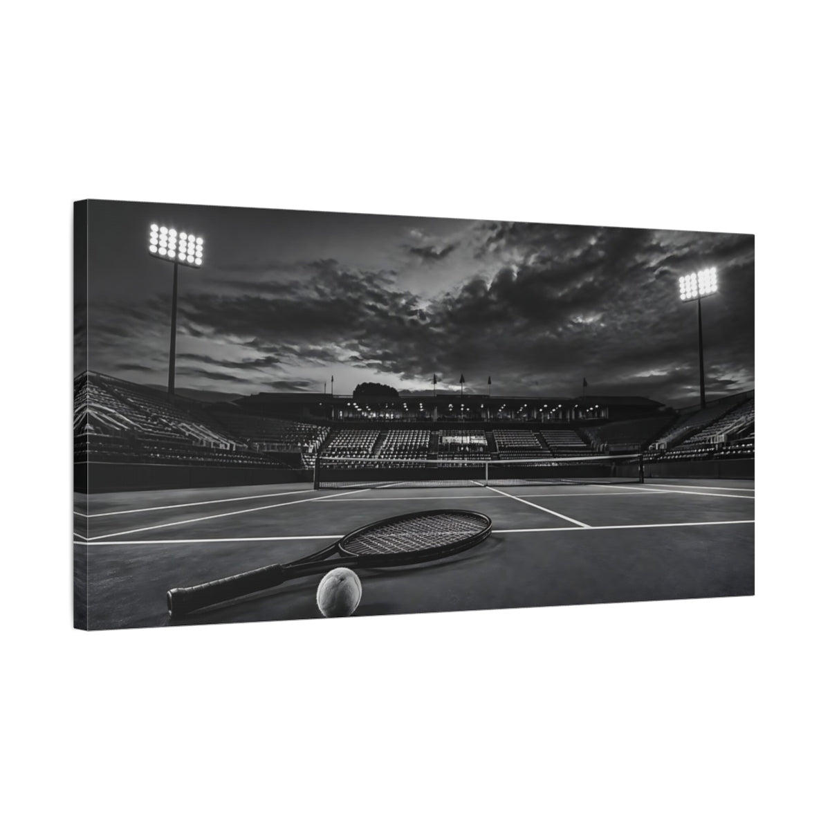 Side Mockup 1. Sports Tennis Court Monochrome Black White shown as canvas print