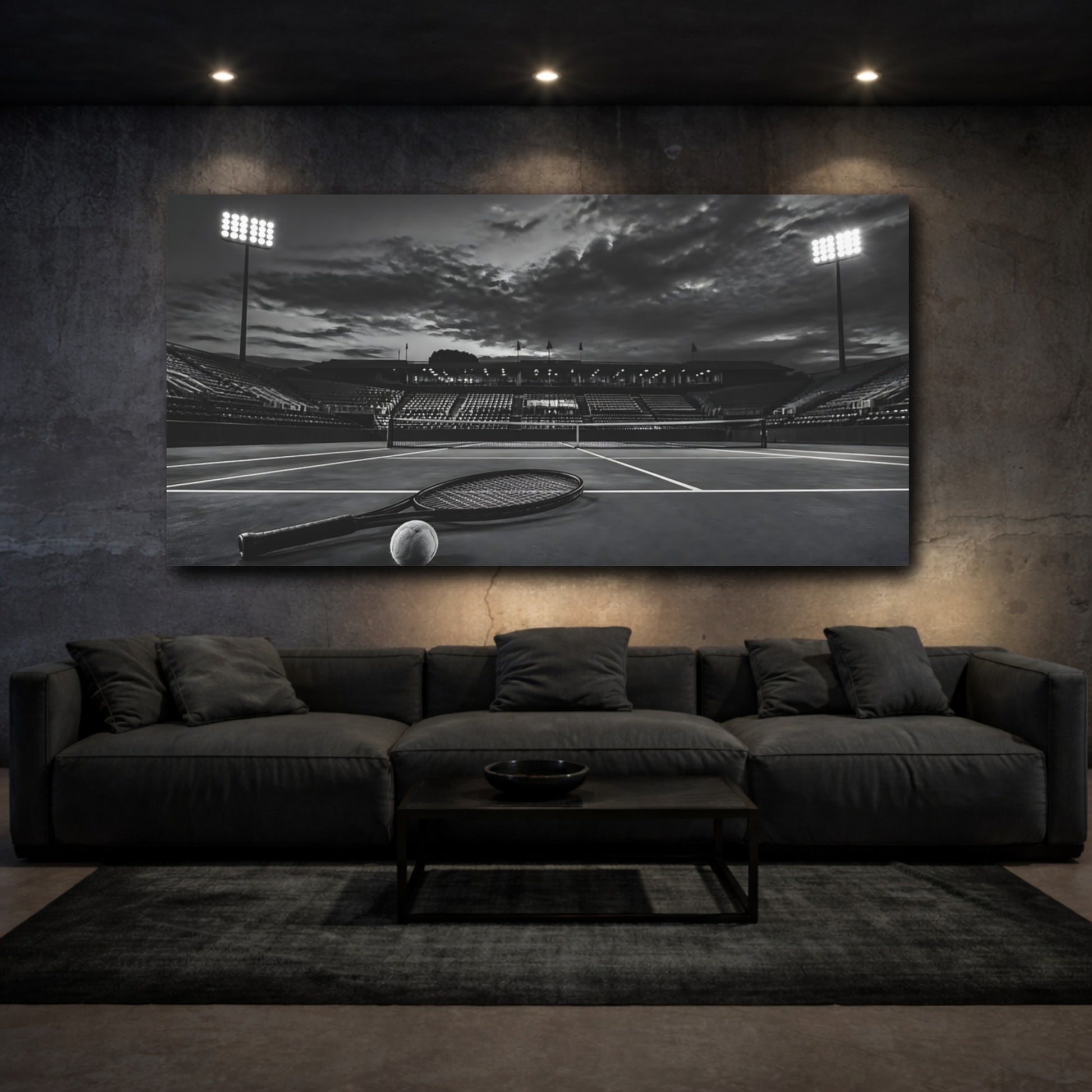 Mockup 4. Sports Tennis Court Monochrome Black White shown as canvas print