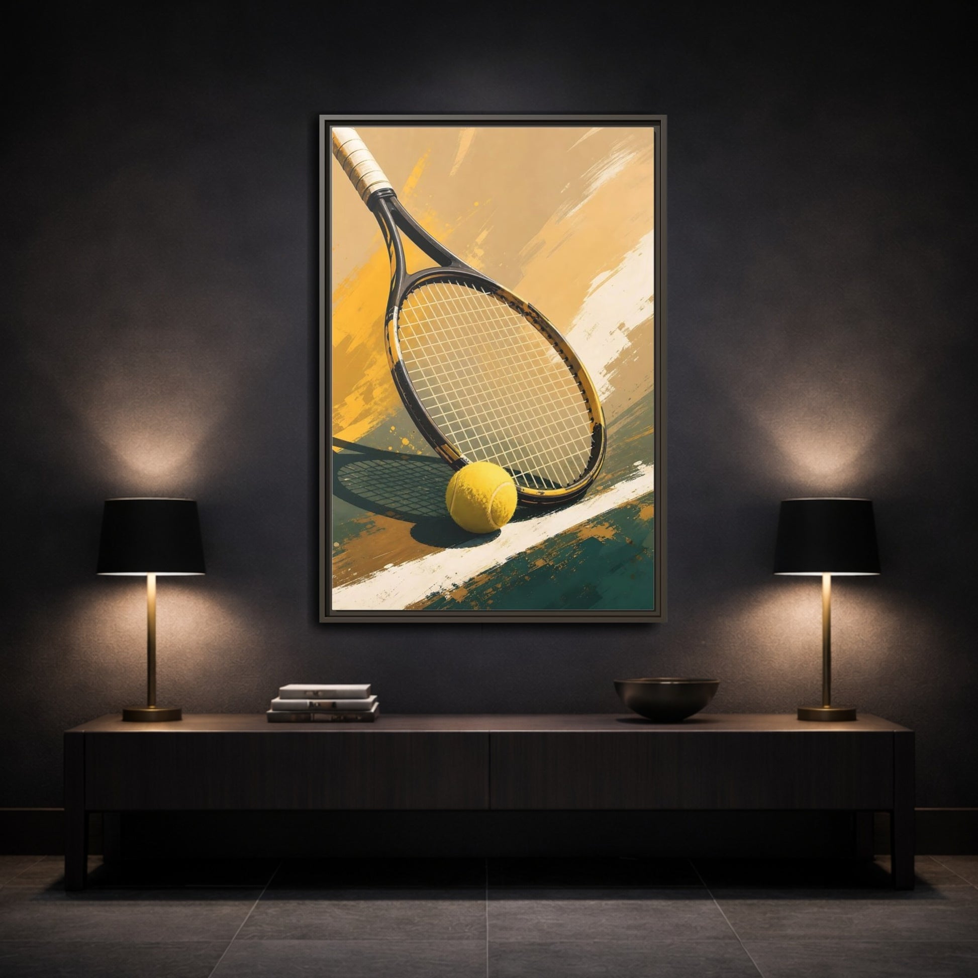 Mockup 3. Sports Tennis Equipment Yellow And Green shown as framed canvas print
