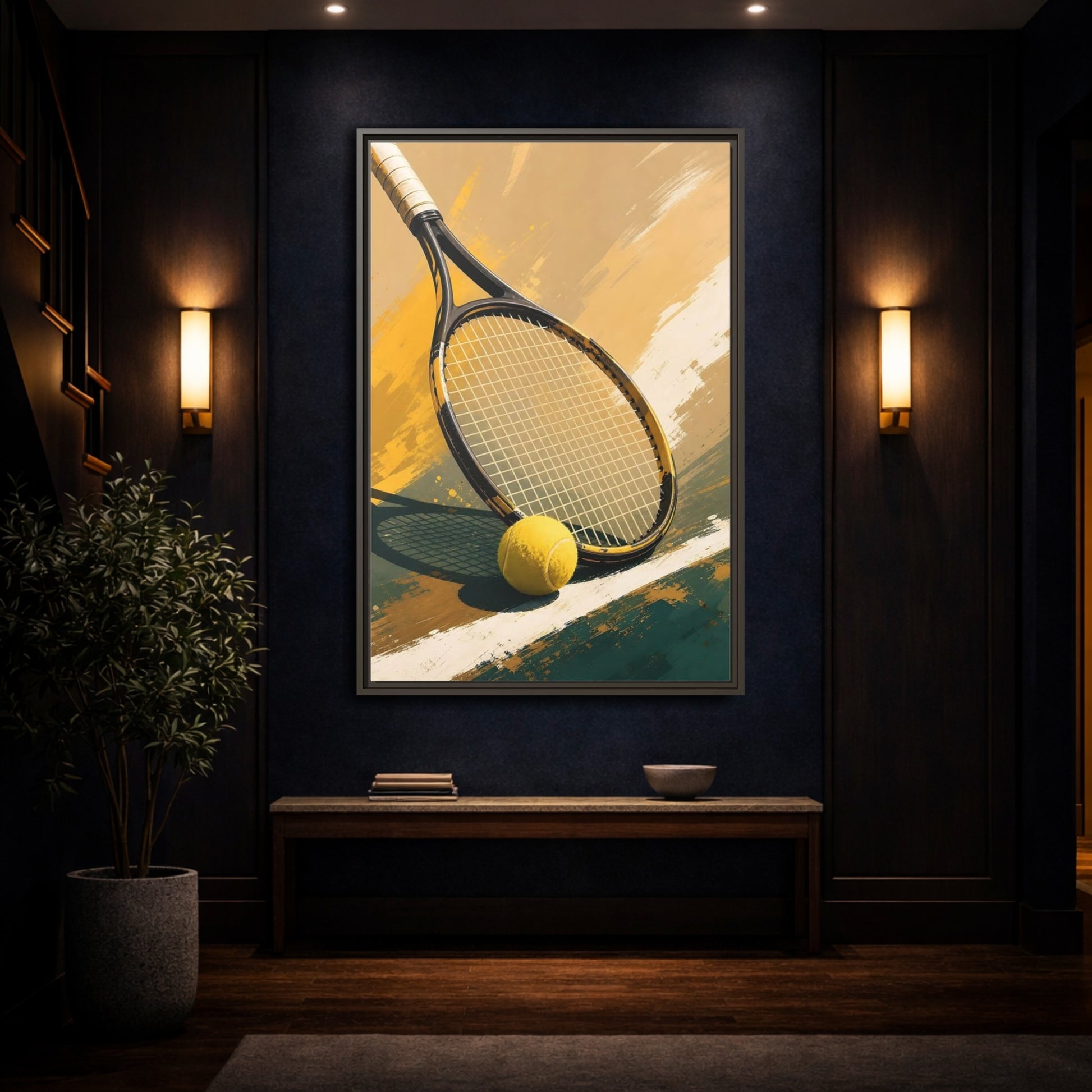 Mockup 4. Sports Tennis Equipment Yellow And Green shown as framed canvas print