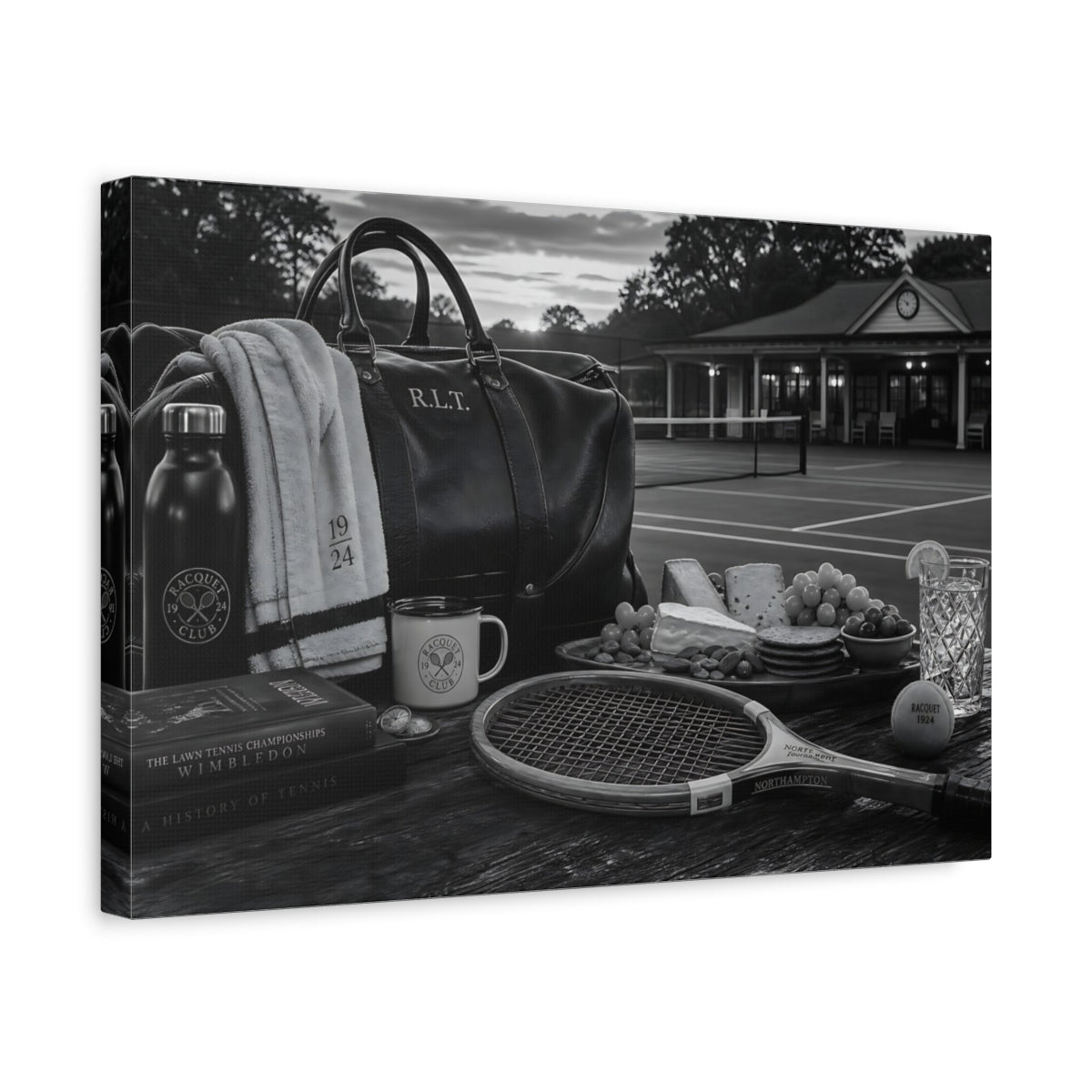 Side Mockup 4. Sports Tennis Gear Black And White Tennis shown as canvas print