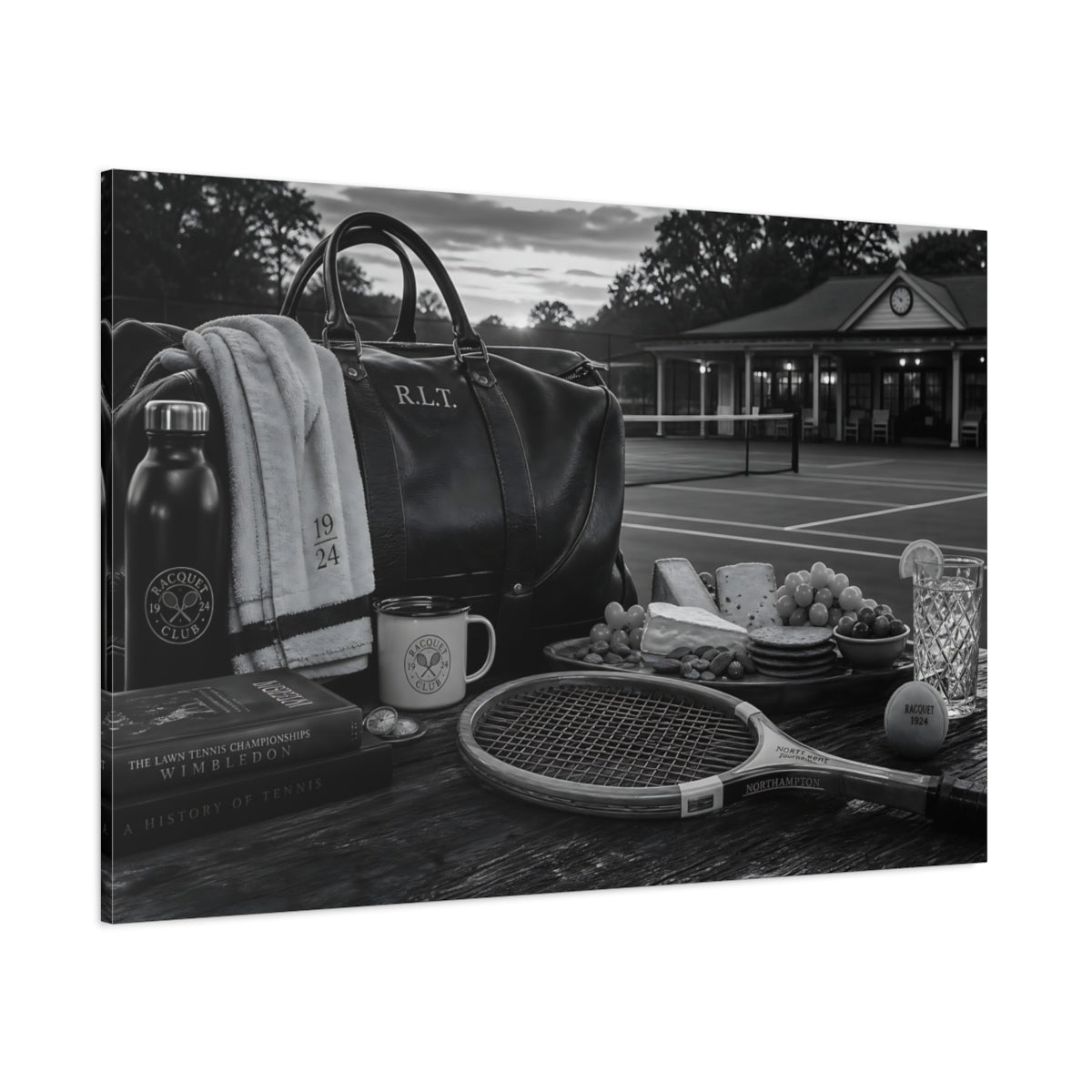 Side Mockup 1. Sports Tennis Gear Black And White Tennis shown as canvas print