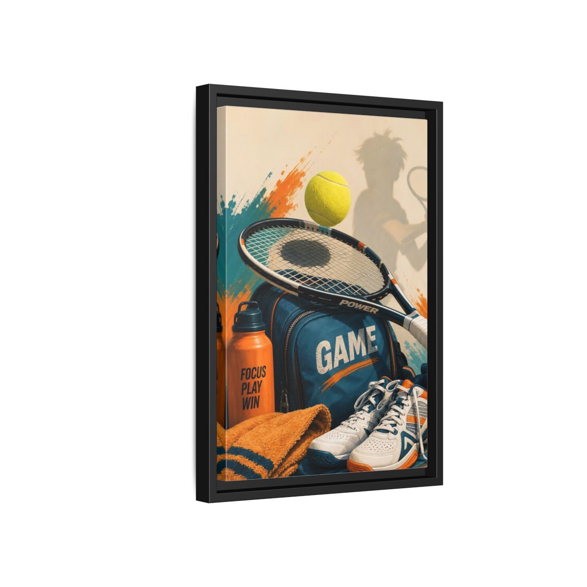 Side Mockup 6. Sports Tennis Gear Blue Orange Tennis shown as framed canvas print