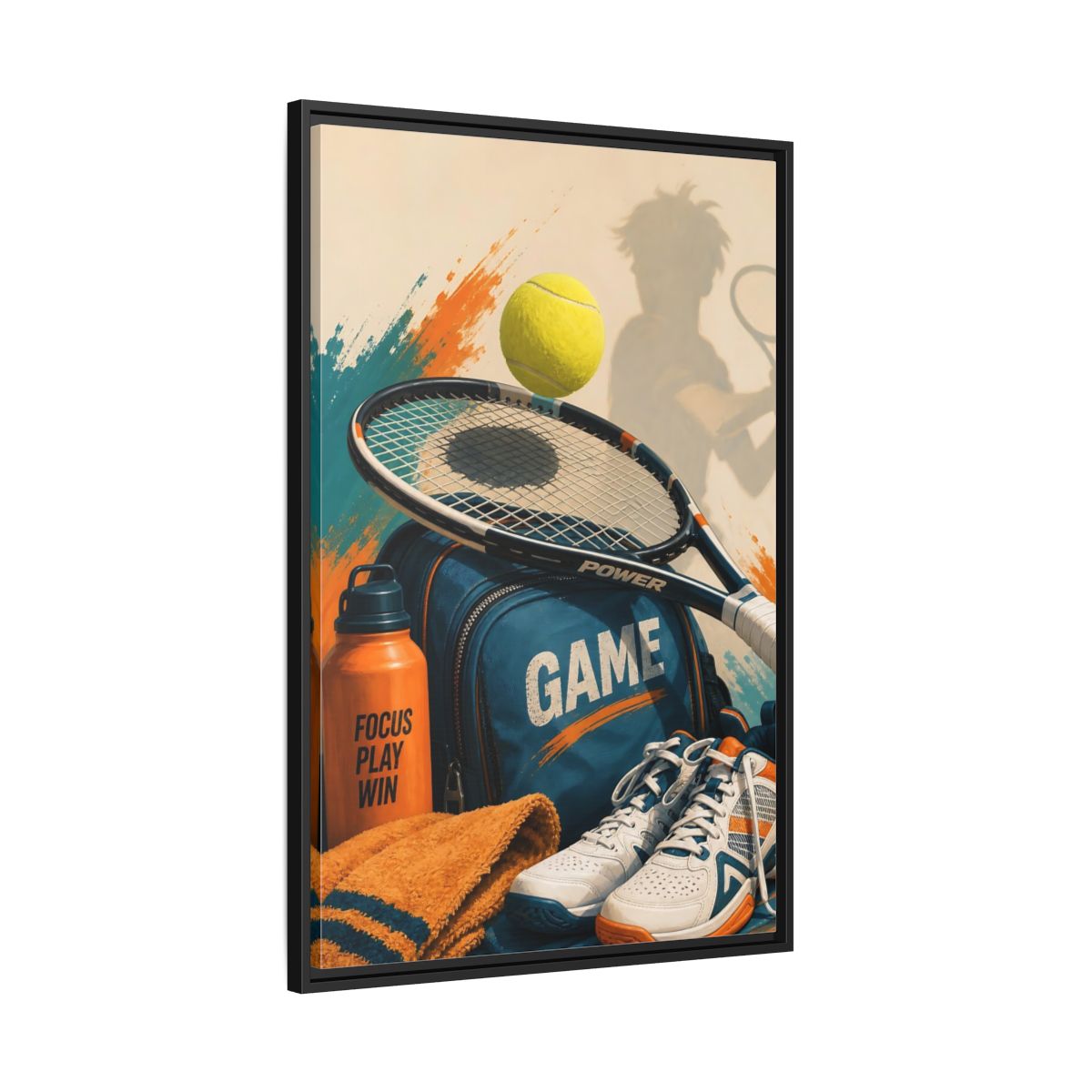 Side Mockup 13. Sports Tennis Gear Blue Orange Tennis shown as framed canvas print