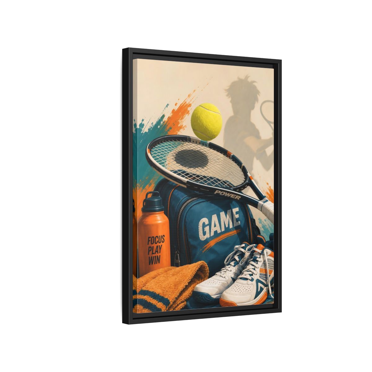 Side Mockup 3. Sports Tennis Gear Blue Orange Tennis shown as framed canvas print