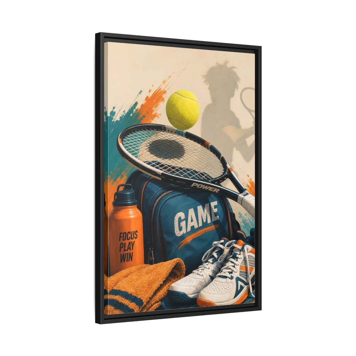 Side Mockup 14. Sports Tennis Gear Blue Orange Tennis shown as framed canvas print