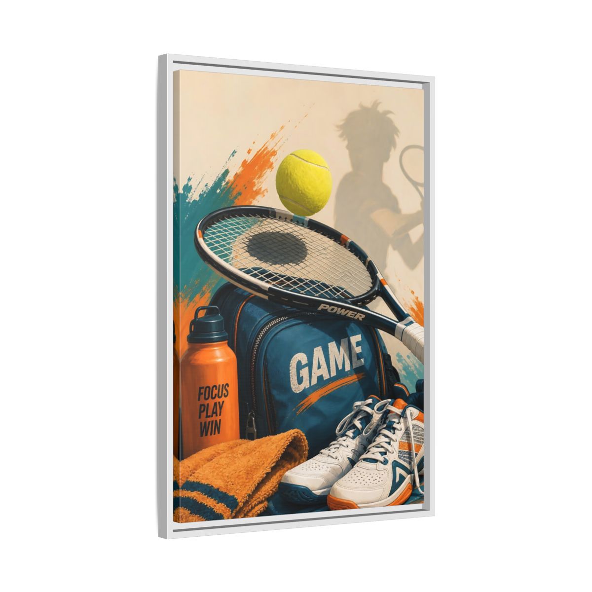 Side Mockup 10. Sports Tennis Gear Blue Orange Tennis shown as framed canvas print