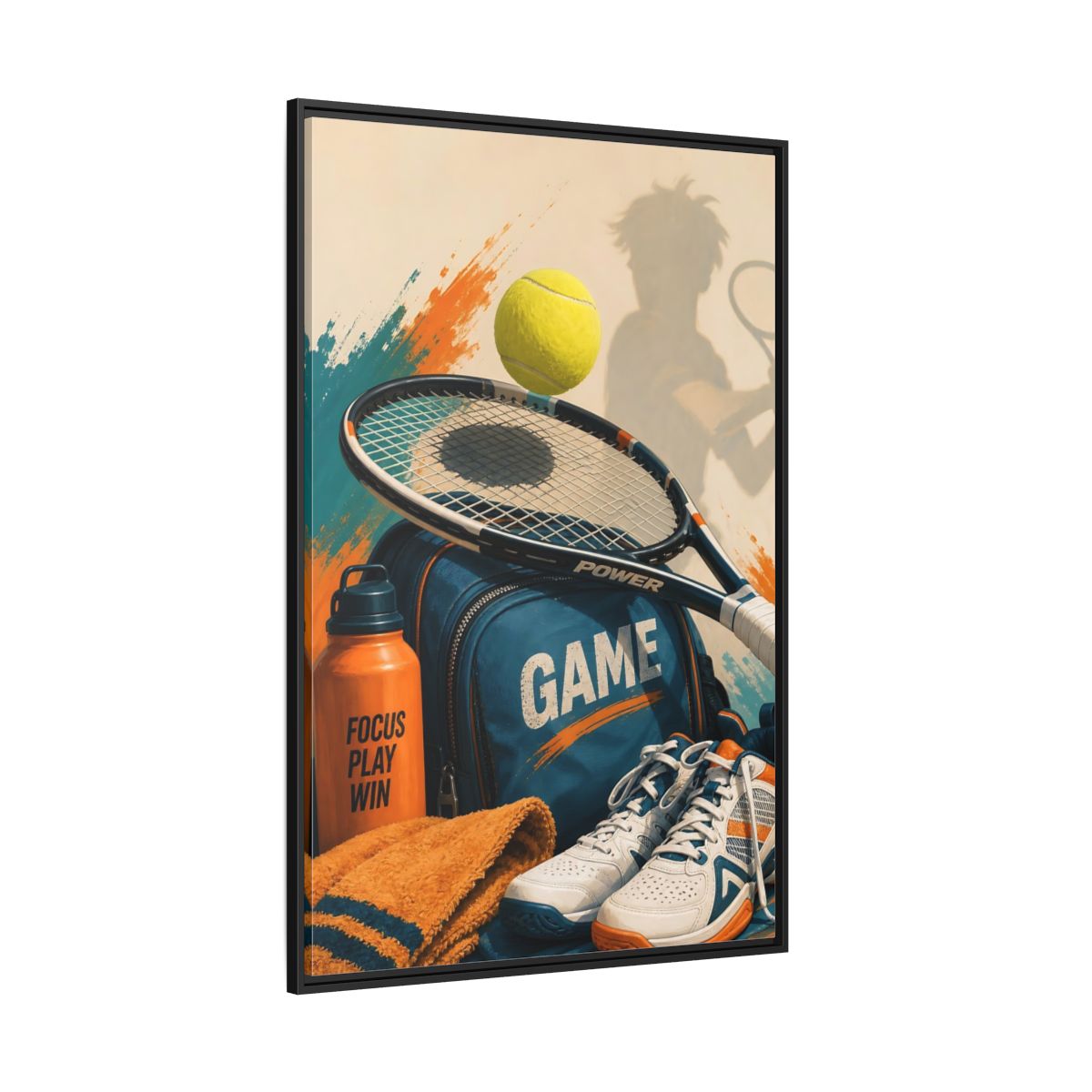 Side Mockup 12. Sports Tennis Gear Blue Orange Tennis shown as framed canvas print