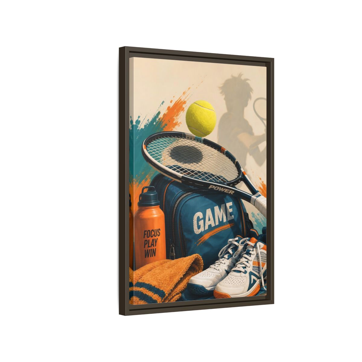 Side Mockup 2. Sports Tennis Gear Blue Orange Tennis shown as framed canvas print