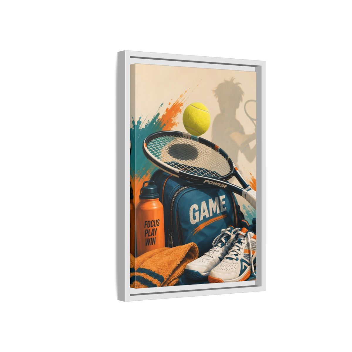 Side Mockup 4. Sports Tennis Gear Blue Orange Tennis shown as framed canvas print