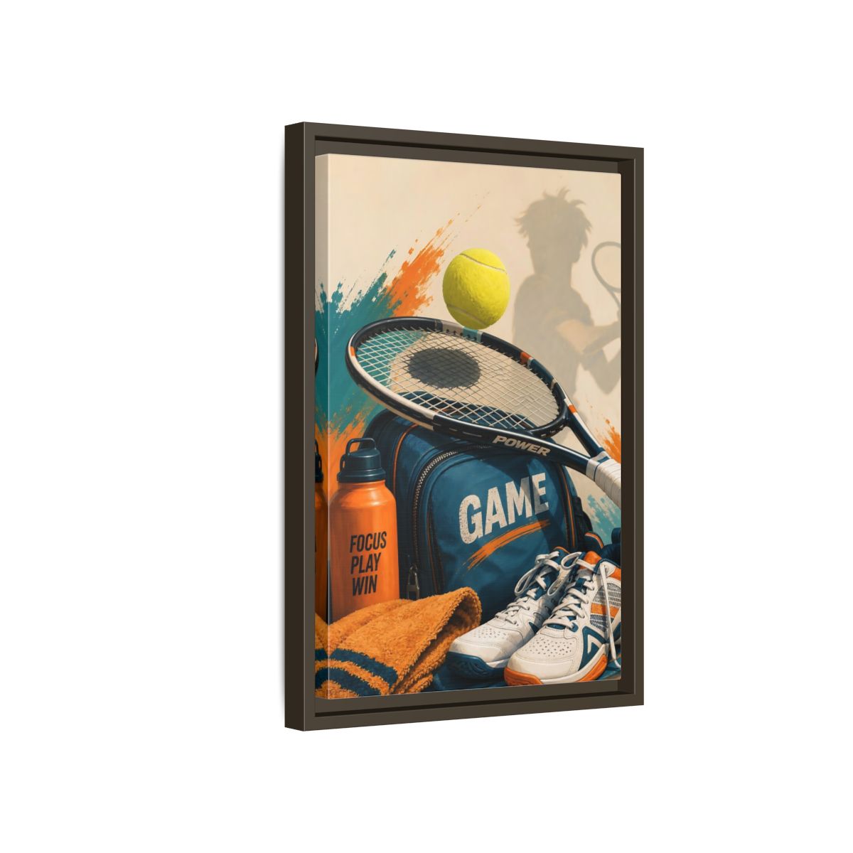 Side Mockup 5. Sports Tennis Gear Blue Orange Tennis shown as framed canvas print