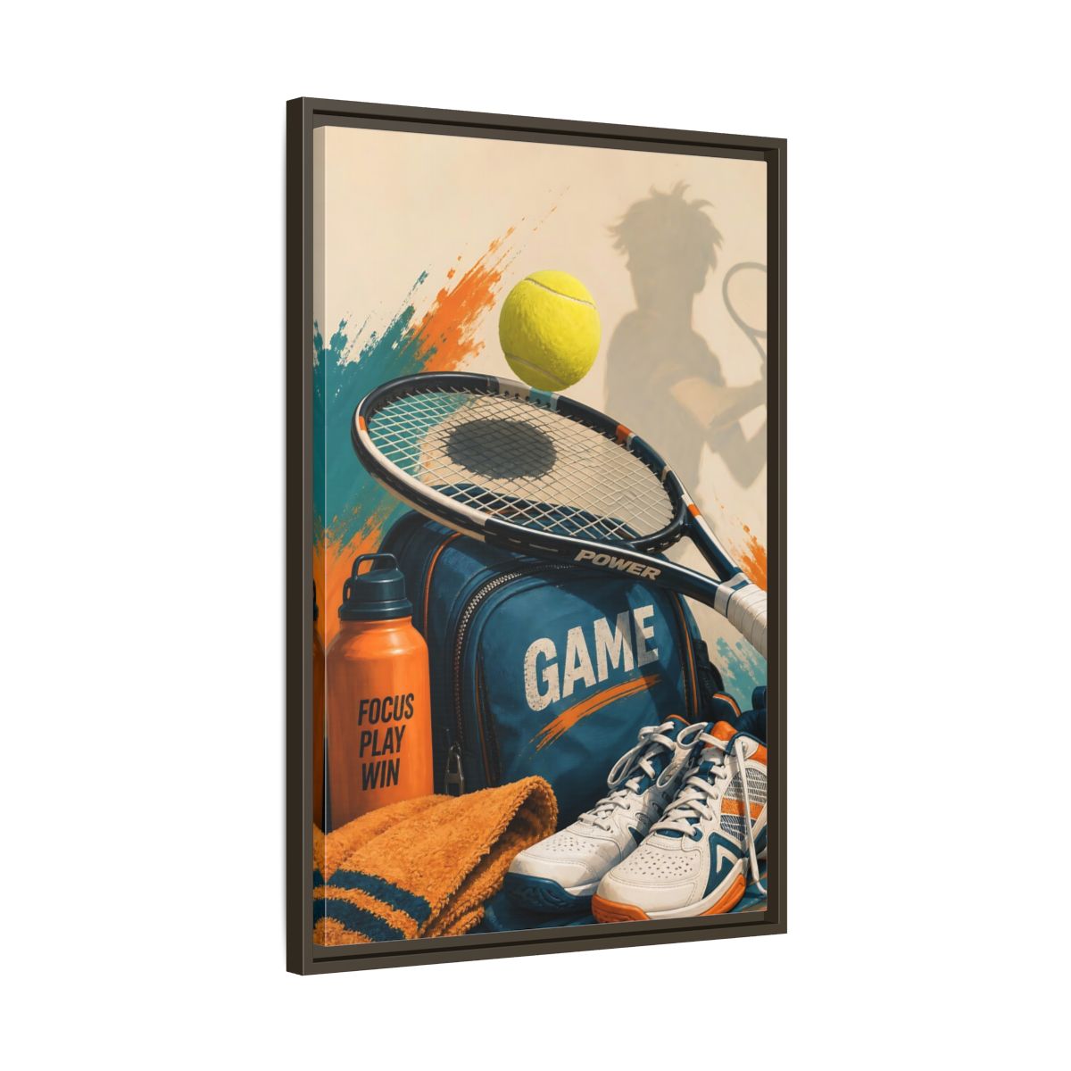 Side Mockup 11. Sports Tennis Gear Blue Orange Tennis shown as framed canvas print