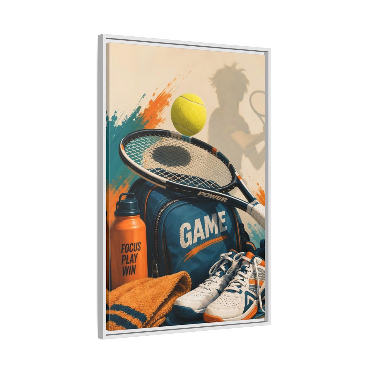 Side Mockup 9. Sports Tennis Gear Blue Orange Tennis shown as framed canvas print