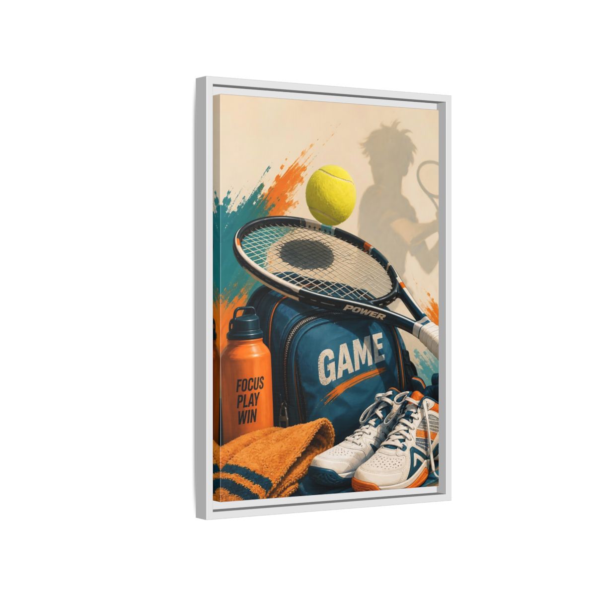 Side Mockup 1. Sports Tennis Gear Blue Orange Tennis shown as framed canvas print