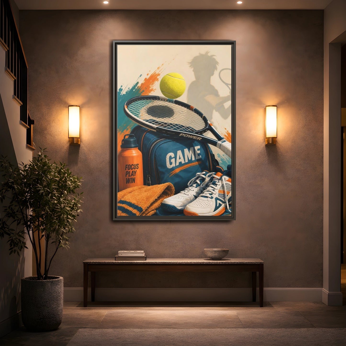 Mockup 2. Sports Tennis Gear Blue Orange Tennis shown as framed canvas print