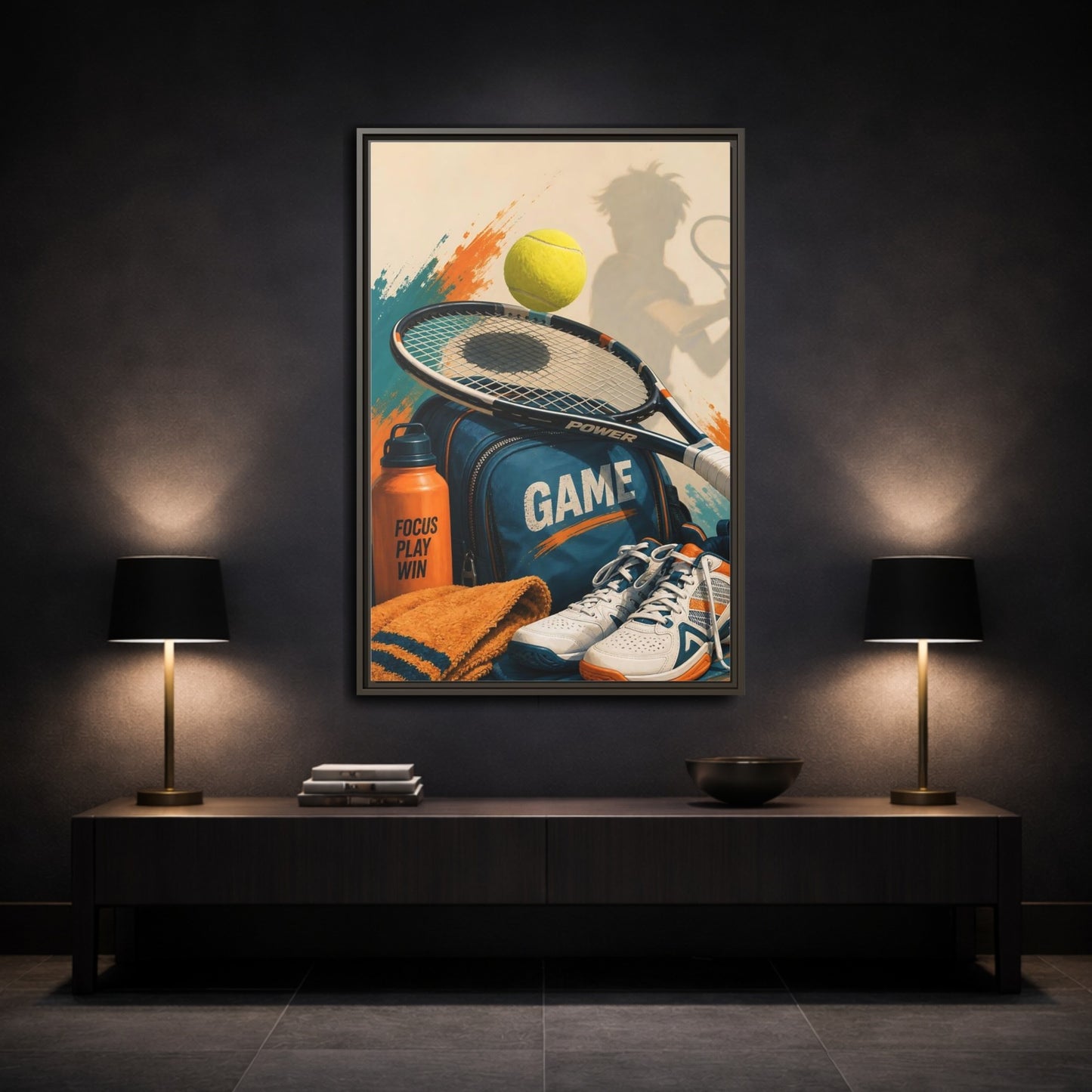 Mockup 3. Sports Tennis Gear Blue Orange Tennis shown as framed canvas print