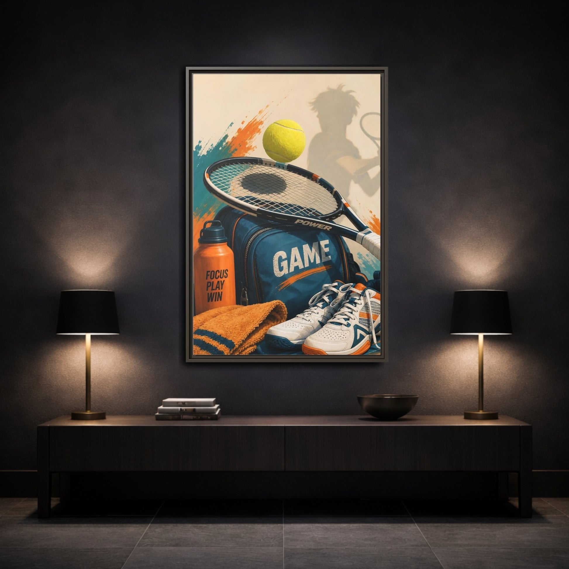 Mockup 3. Sports Tennis Gear Blue Orange Tennis shown as framed canvas print