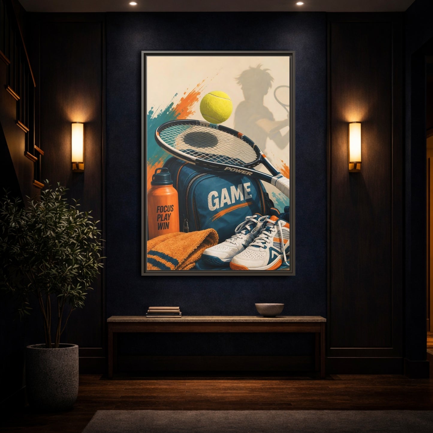 Mockup 4. Sports Tennis Gear Blue Orange Tennis shown as framed canvas print