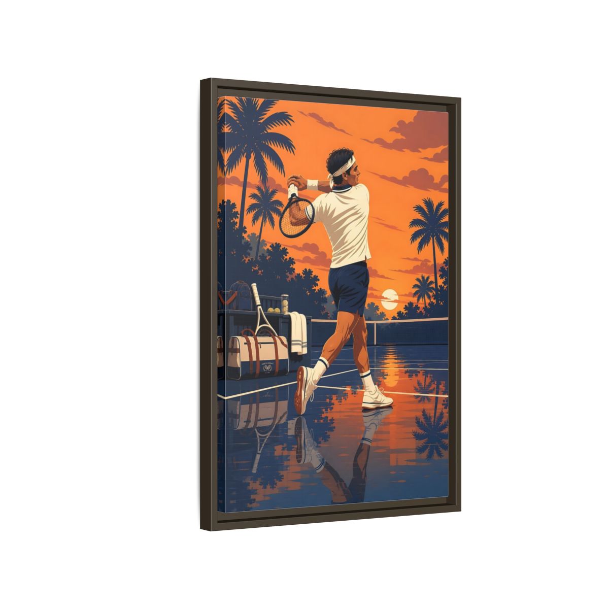 Side Mockup 2. Sports Tennis Player Orange Blue Tennis shown as framed canvas print