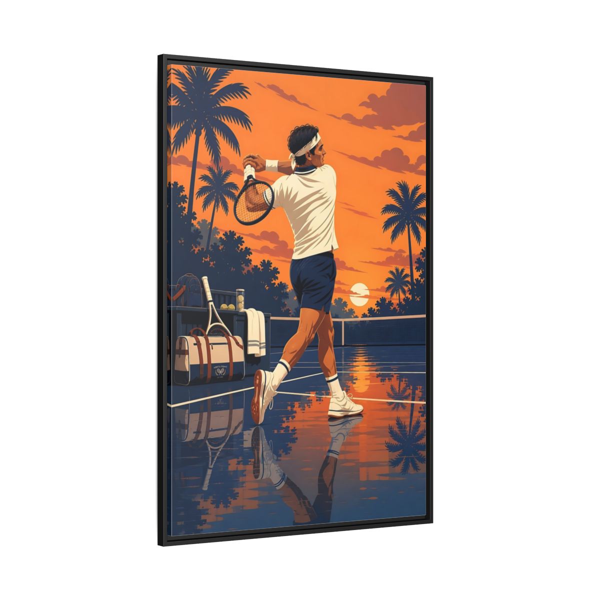 Side Mockup 12. Sports Tennis Player Orange Blue Tennis shown as framed canvas print