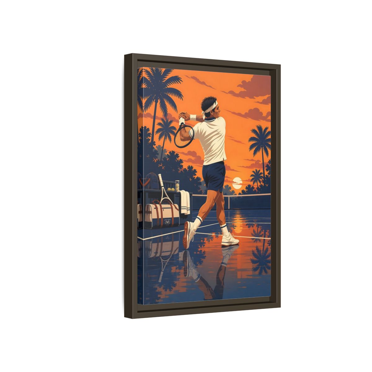 Side Mockup 5. Sports Tennis Player Orange Blue Tennis shown as framed canvas print