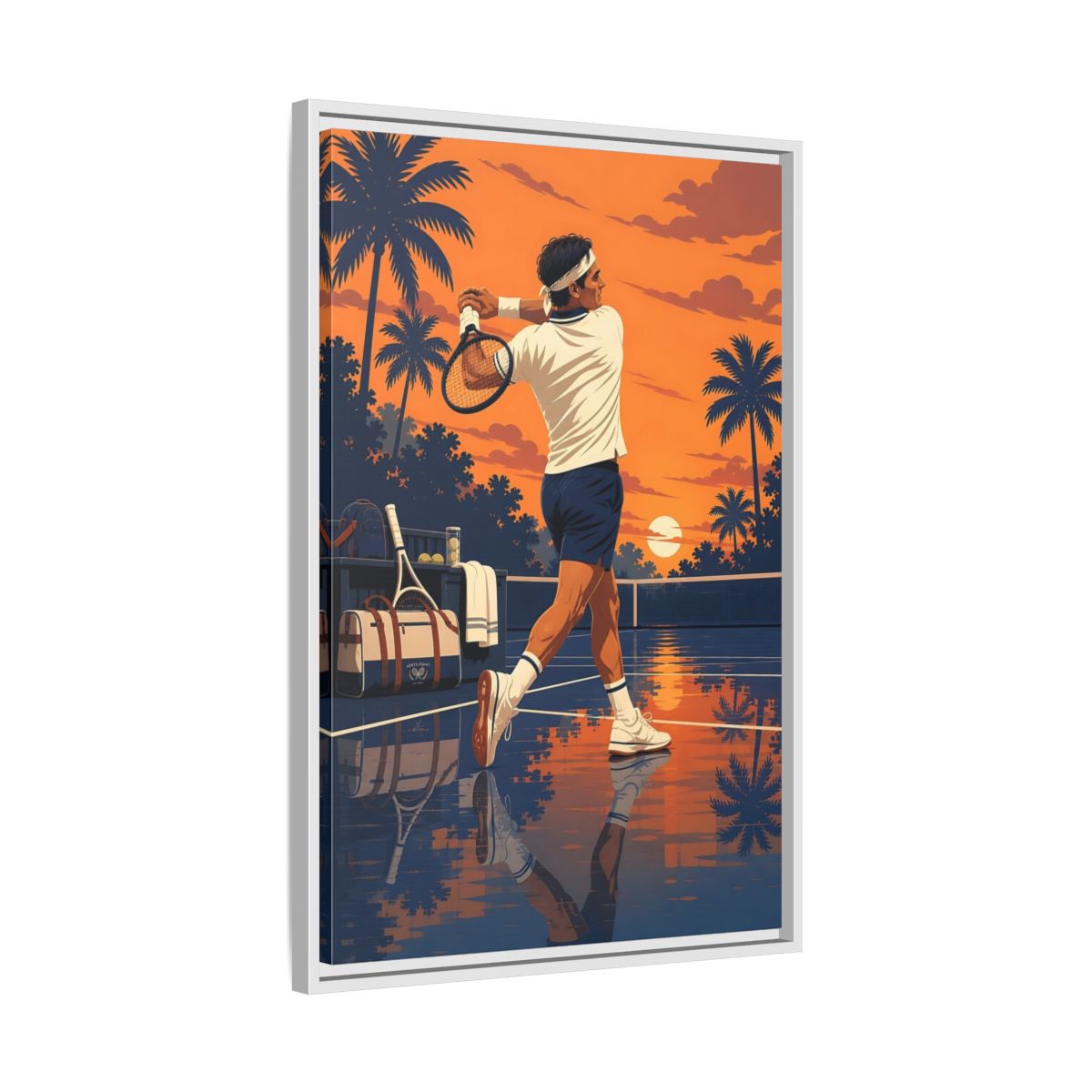 Side Mockup 10. Sports Tennis Player Orange Blue Tennis shown as framed canvas print