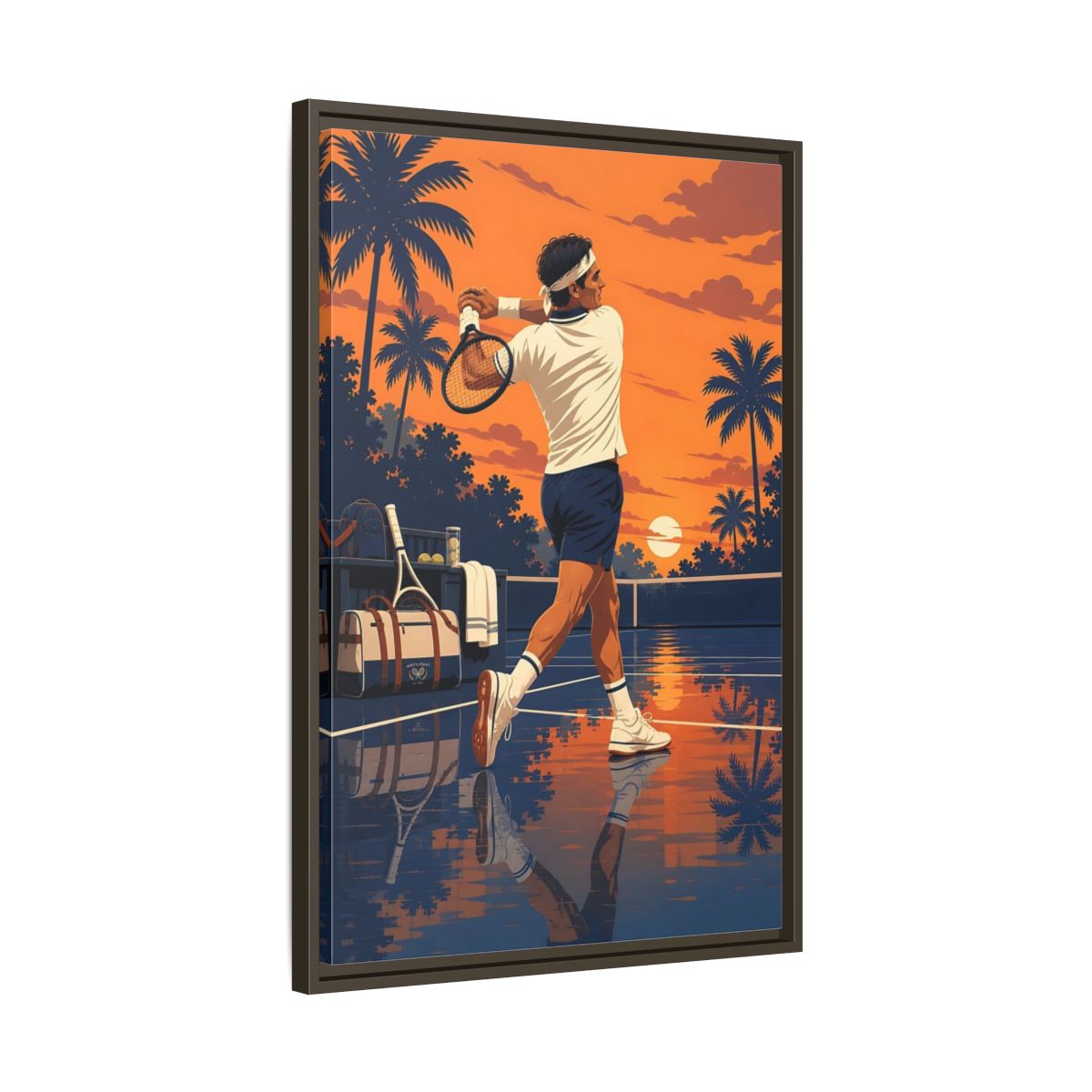 Side Mockup 11. Sports Tennis Player Orange Blue Tennis shown as framed canvas print