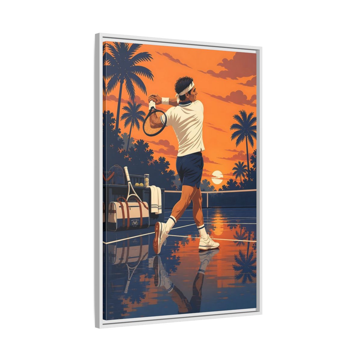 Side Mockup 9. Sports Tennis Player Orange Blue Tennis shown as framed canvas print