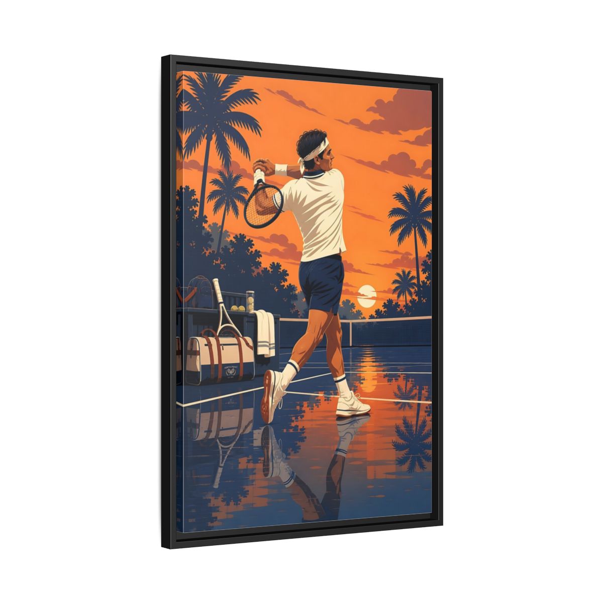Side Mockup 14. Sports Tennis Player Orange Blue Tennis shown as framed canvas print