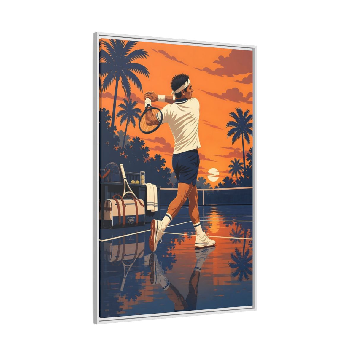 Side Mockup 7. Sports Tennis Player Orange Blue Tennis shown as framed canvas print