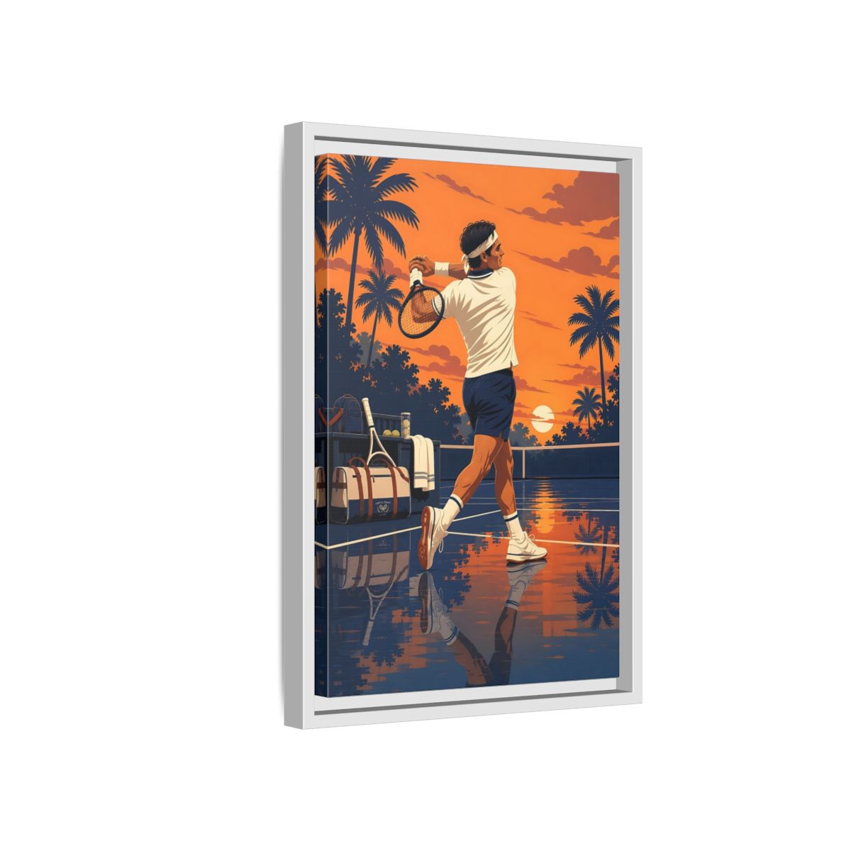 Side Mockup 4. Sports Tennis Player Orange Blue Tennis shown as framed canvas print