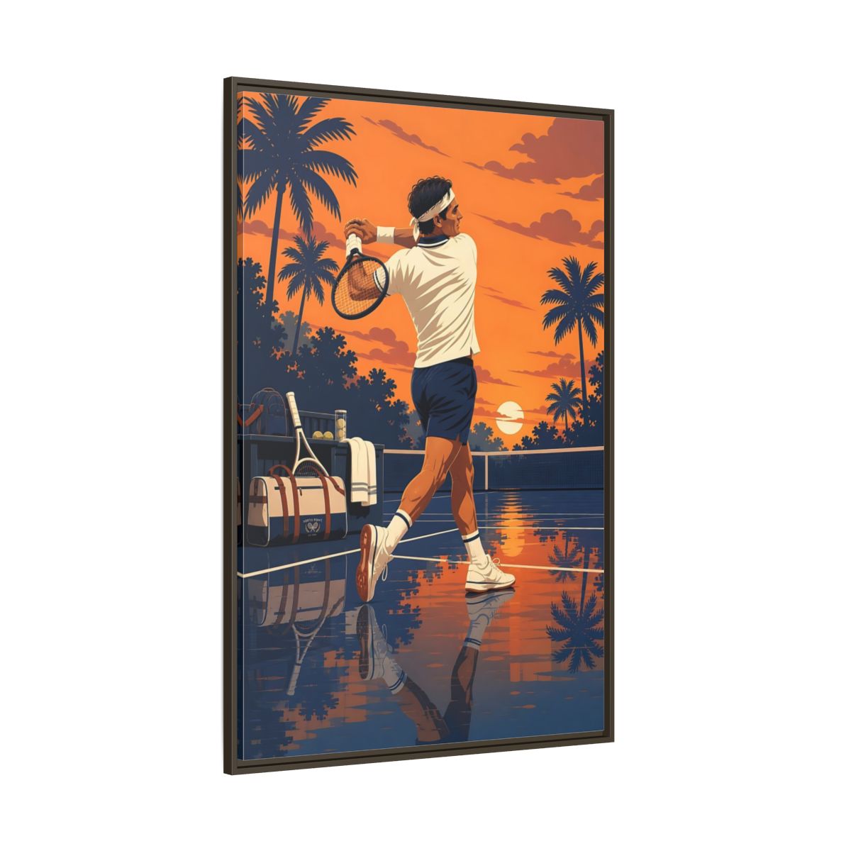 Side Mockup 8. Sports Tennis Player Orange Blue Tennis shown as framed canvas print