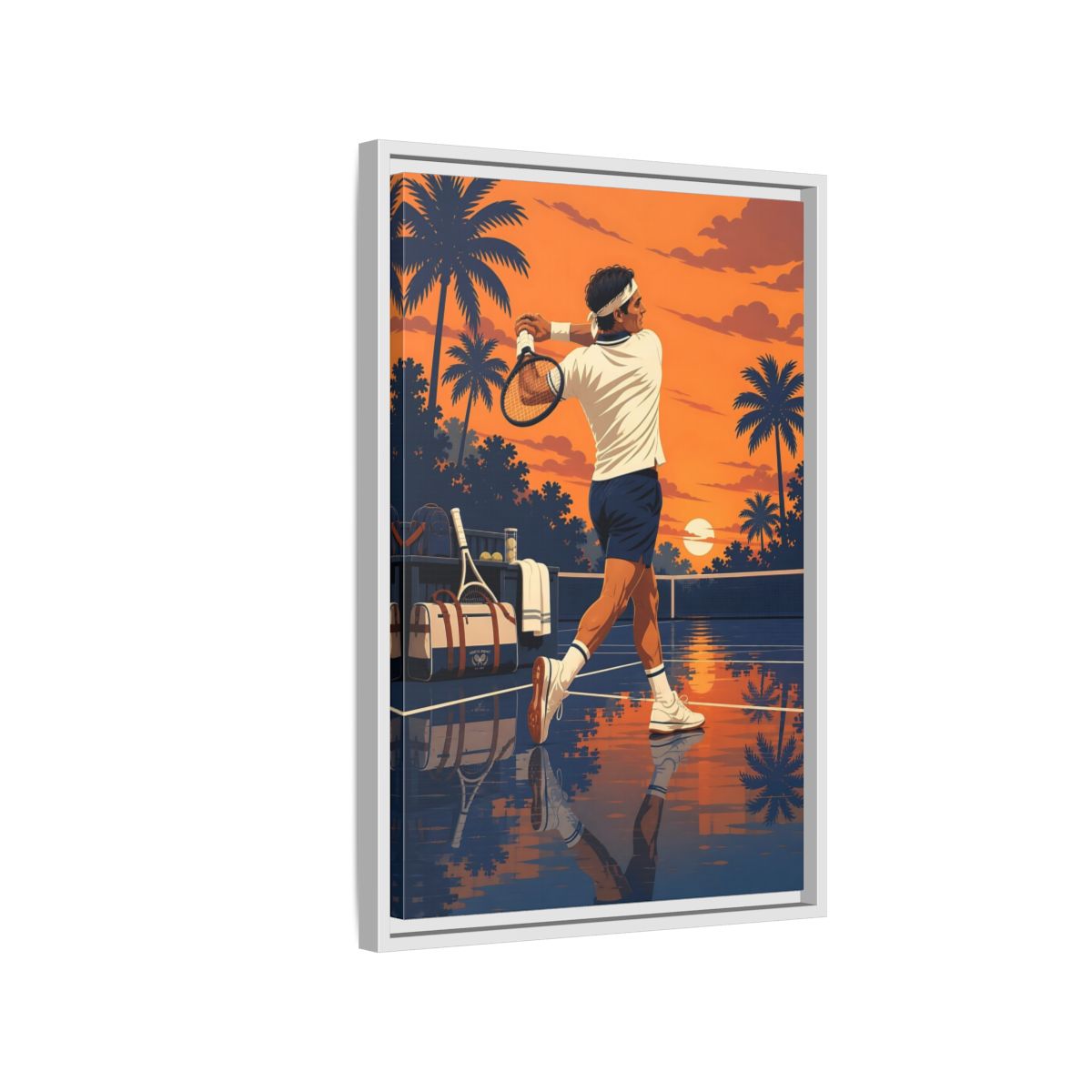 Side Mockup 1. Sports Tennis Player Orange Blue Tennis shown as framed canvas print