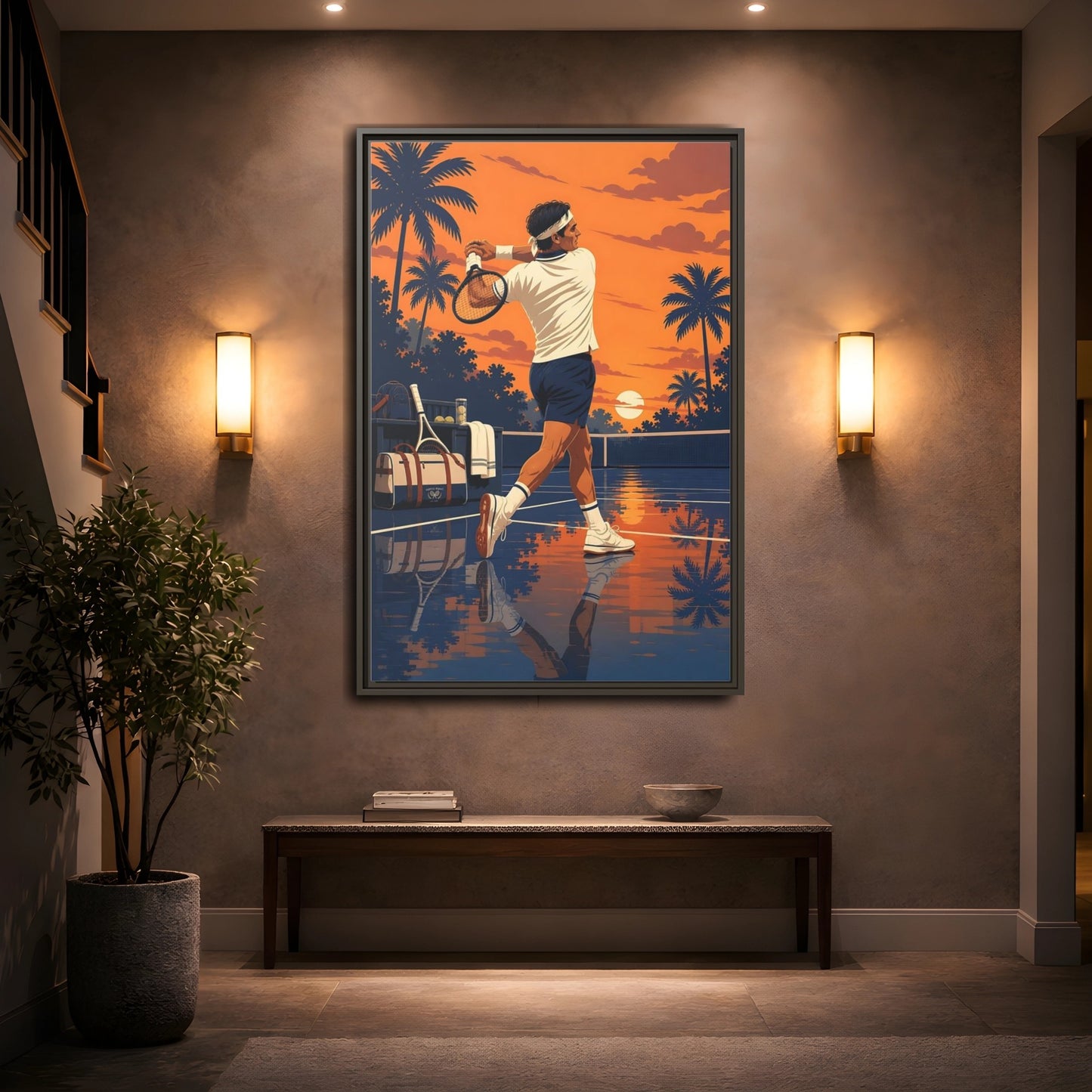 Mockup 2. Sports Tennis Player Orange Blue Tennis shown as framed canvas print