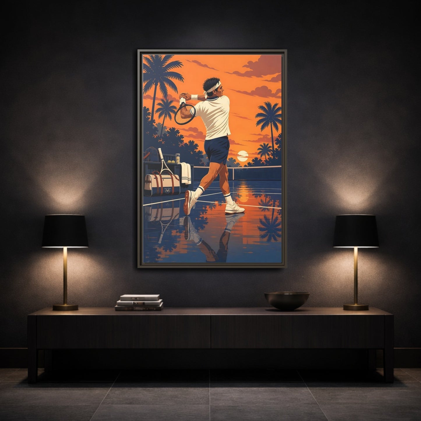 Mockup 3. Sports Tennis Player Orange Blue Tennis shown as framed canvas print