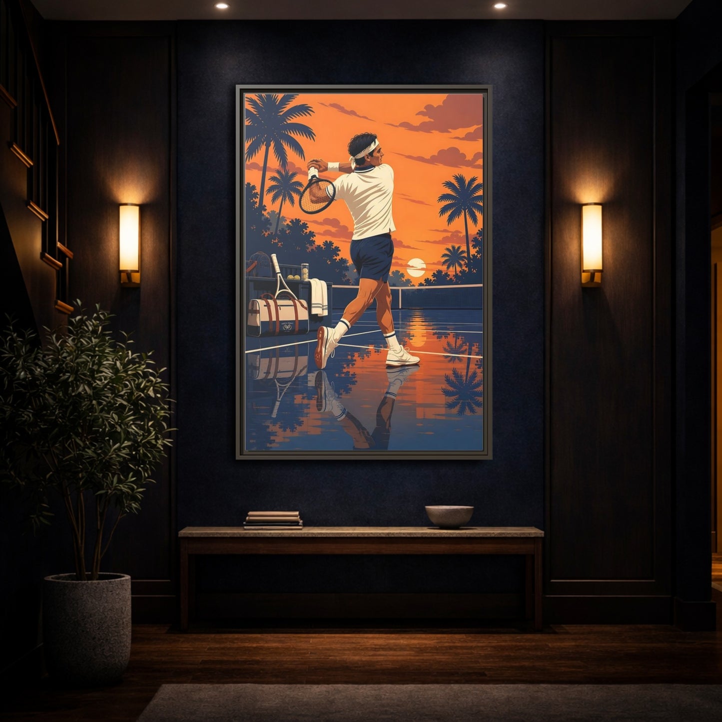 Mockup 4. Sports Tennis Player Orange Blue Tennis shown as framed canvas print