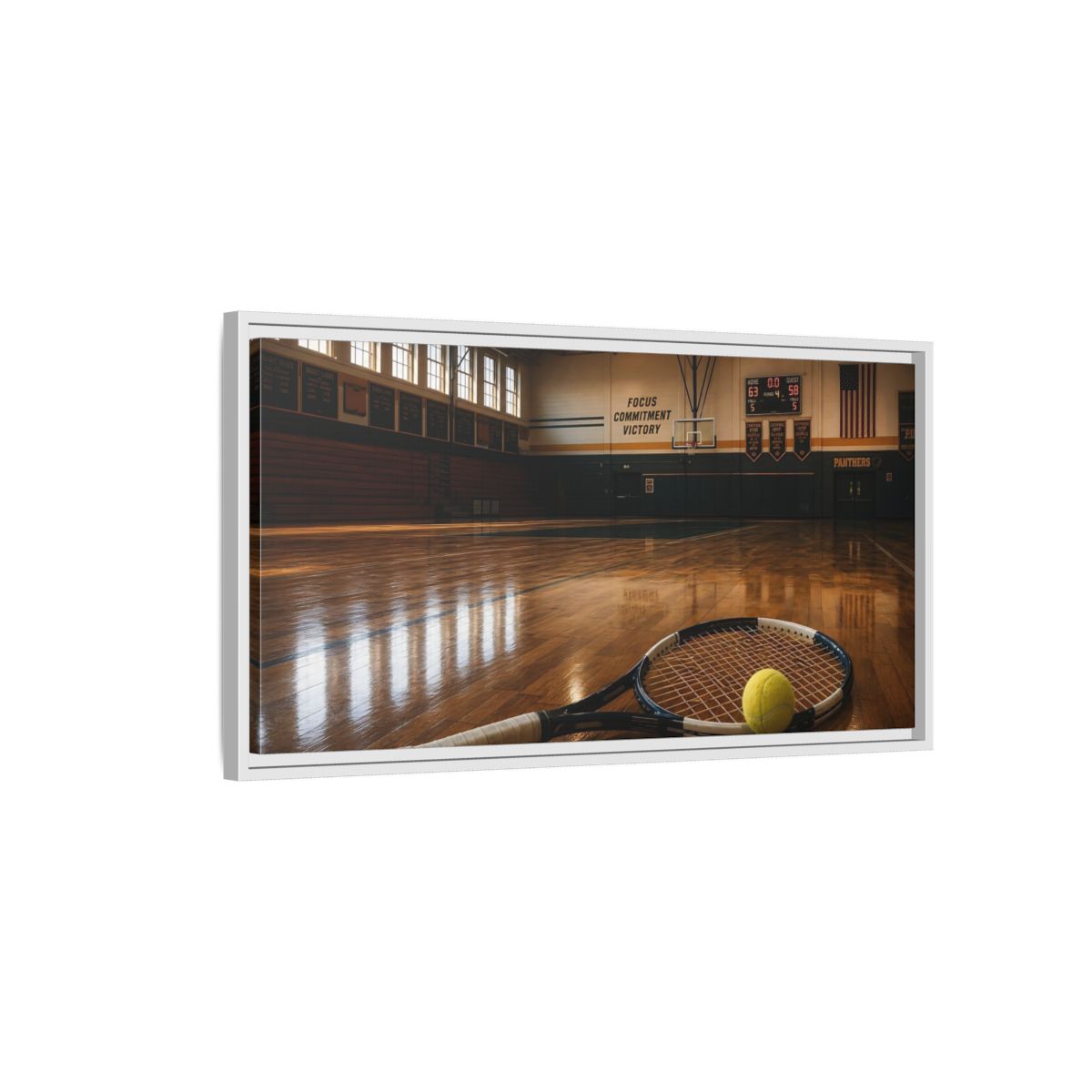 Side Mockup 1. Sports Tennis Racket Sports Brown shown as framed canvas print