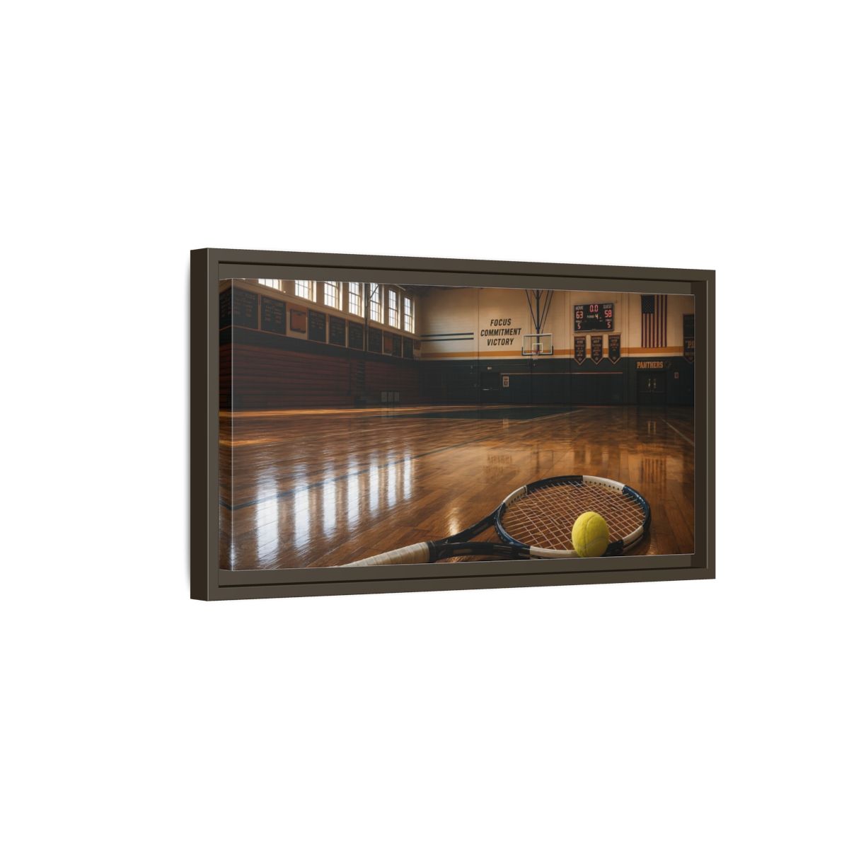 Side Mockup 7. Sports Tennis Racket Sports Brown shown as framed canvas print