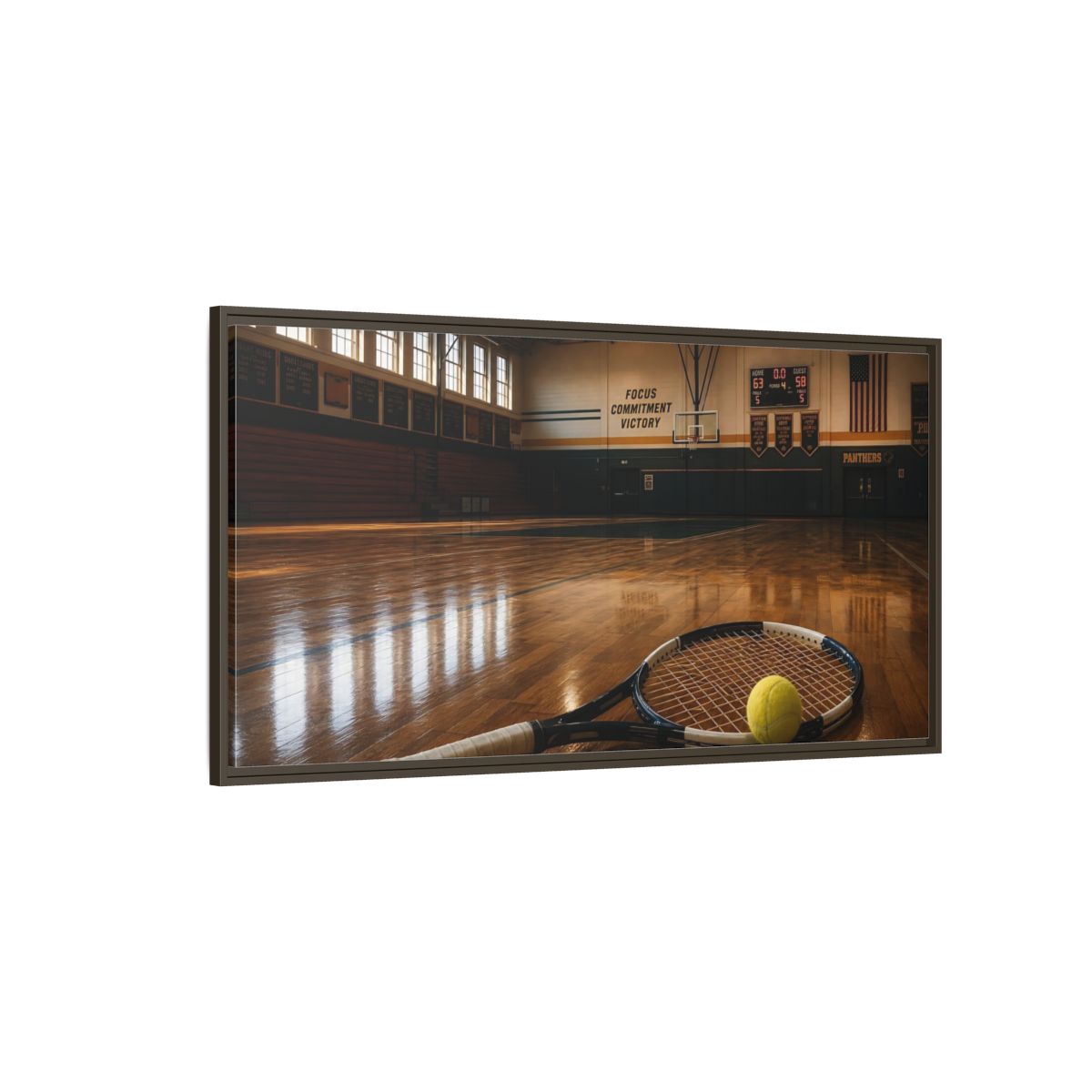 Side Mockup 4. Sports Tennis Racket Sports Brown shown as framed canvas print