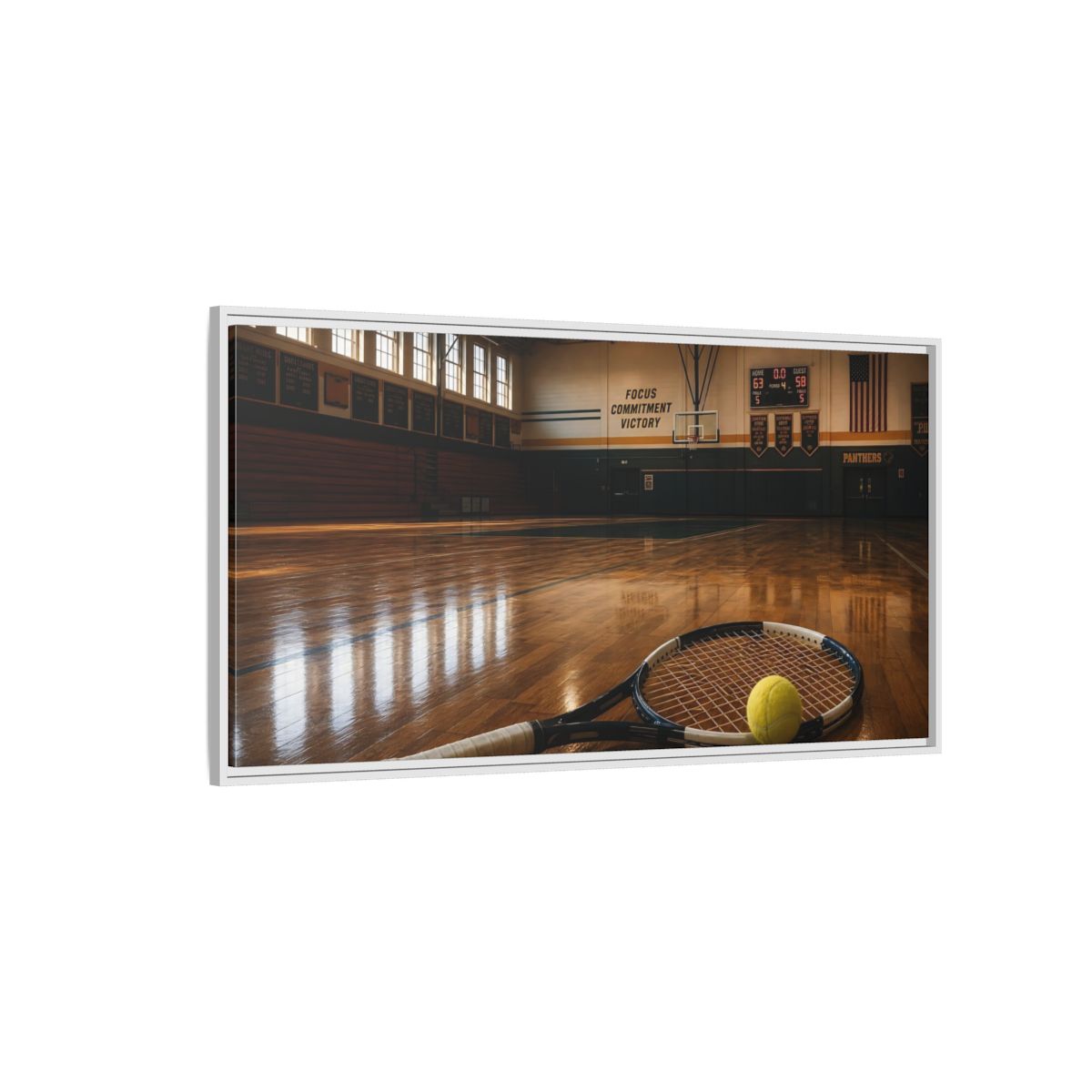 Side Mockup 3. Sports Tennis Racket Sports Brown shown as framed canvas print