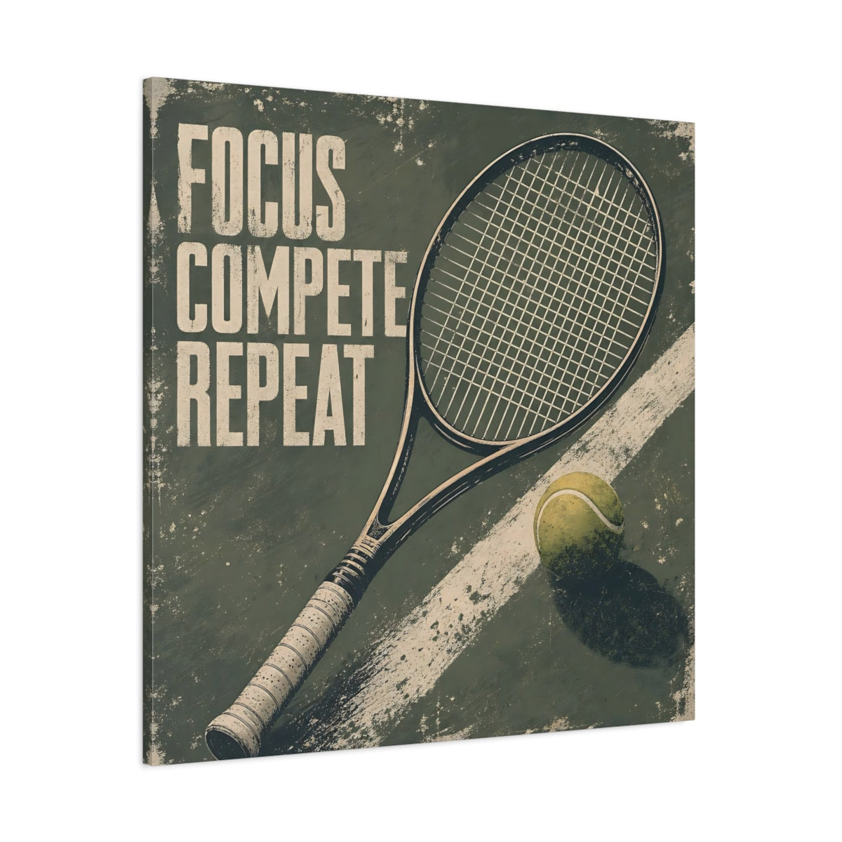 Side Mockup 1. Sports Tennis Racket Distressed Green shown as canvas print