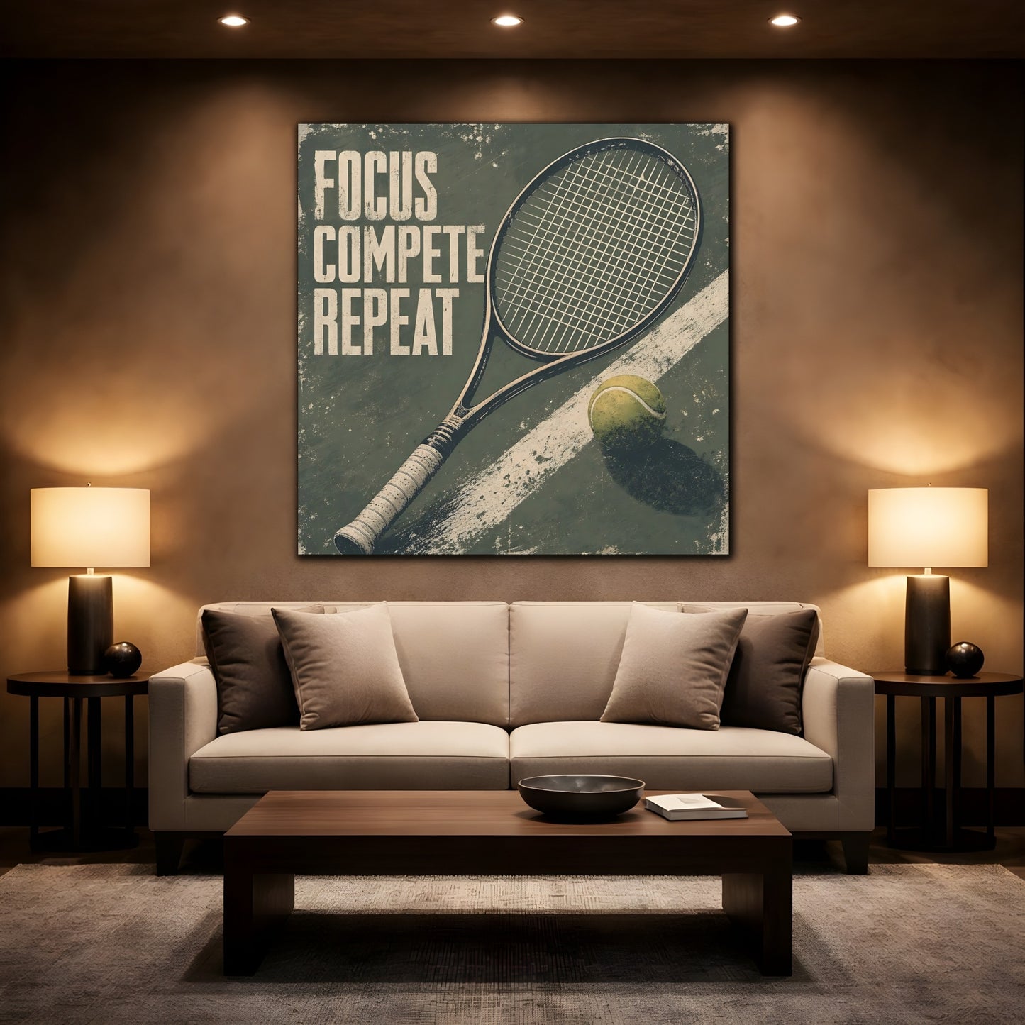 Mockup 2. Sports Tennis Racket Distressed Green shown as canvas print