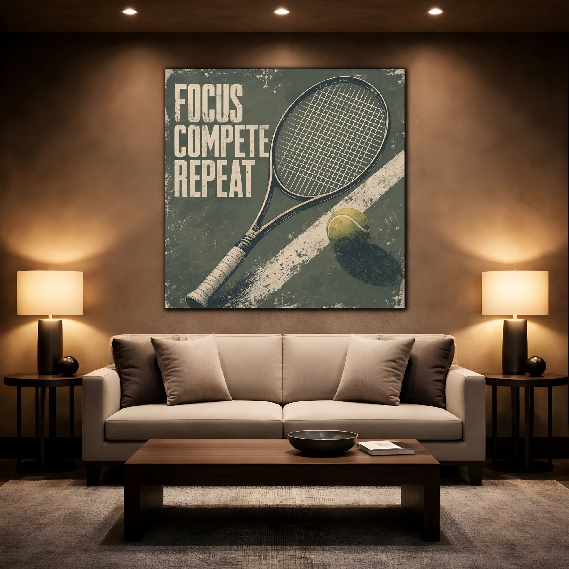 Mockup 2. Sports Tennis Racket Distressed Green shown as canvas print