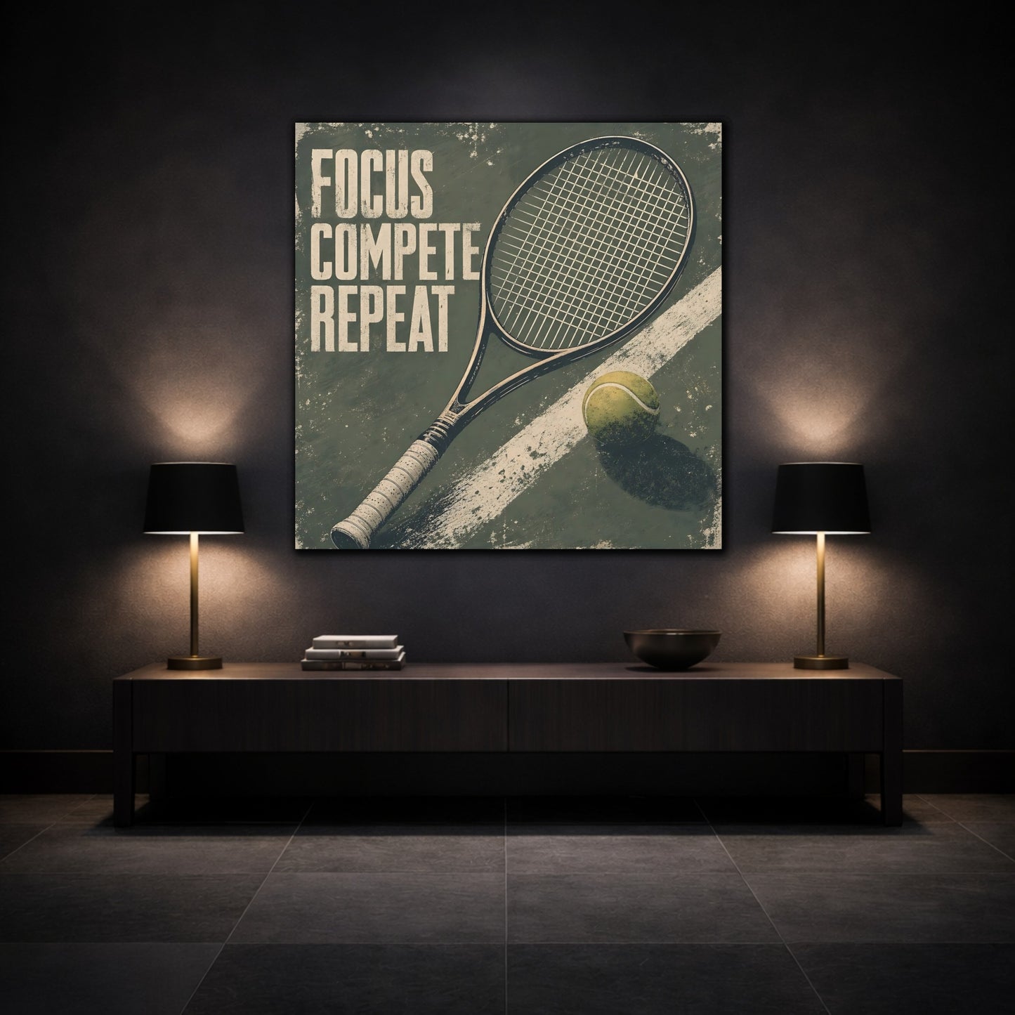 Mockup 3. Sports Tennis Racket Distressed Green shown as canvas print