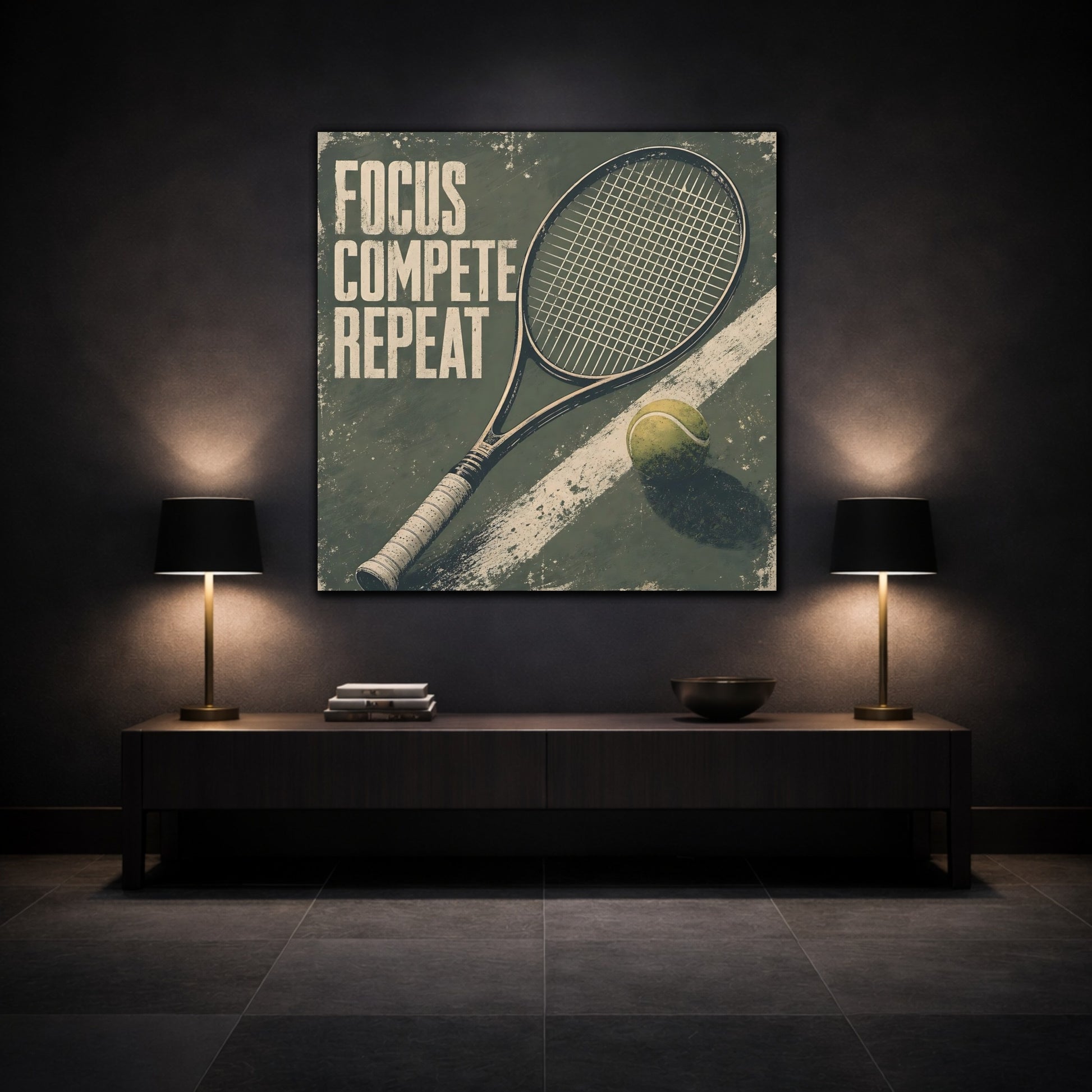Mockup 3. Sports Tennis Racket Distressed Green shown as canvas print